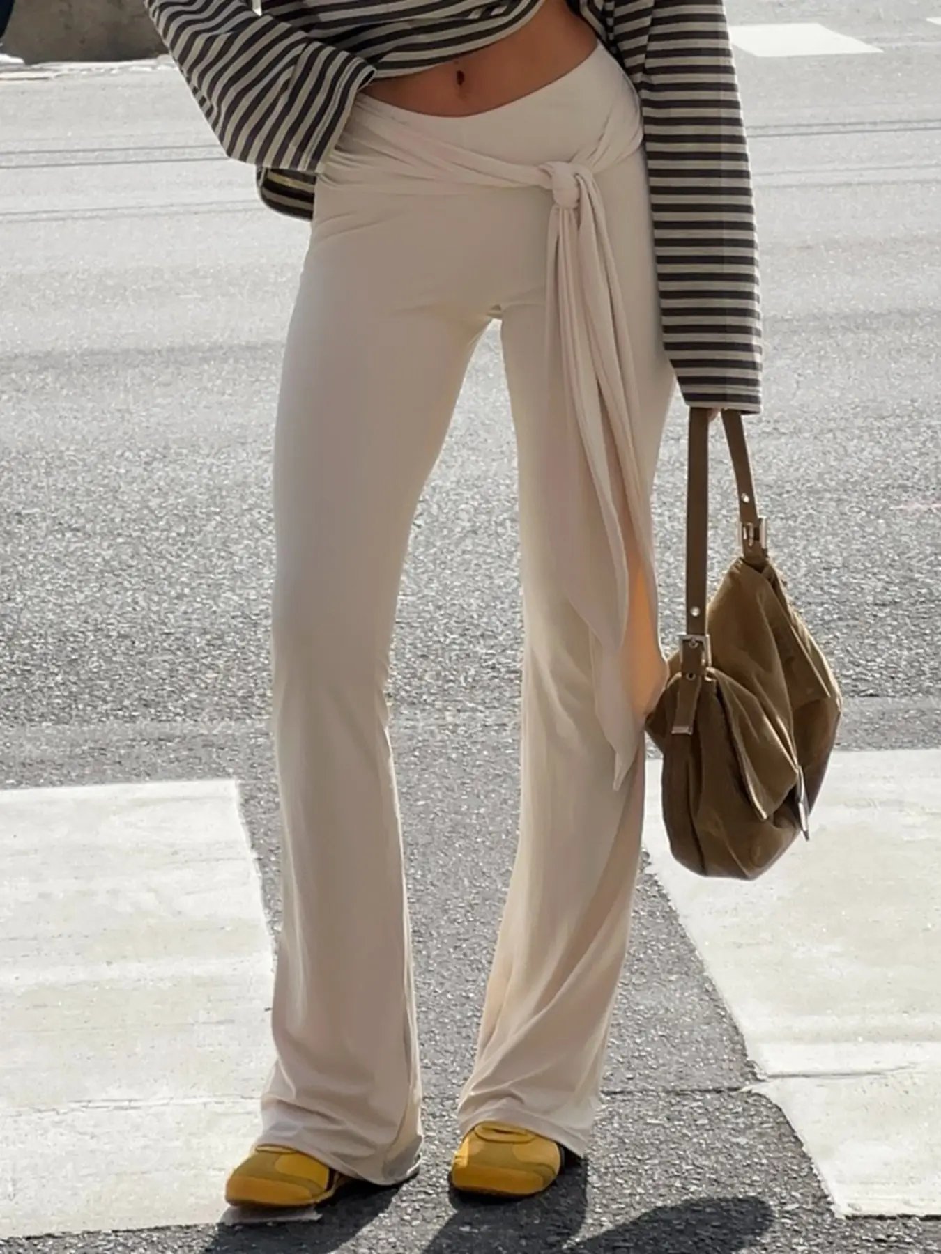 Design Sensational Side Tie Bow Flare Pants, Low Waist Drop Design Elastic Fit Microflare Casual Women's Pants, Comfortable & Stylish