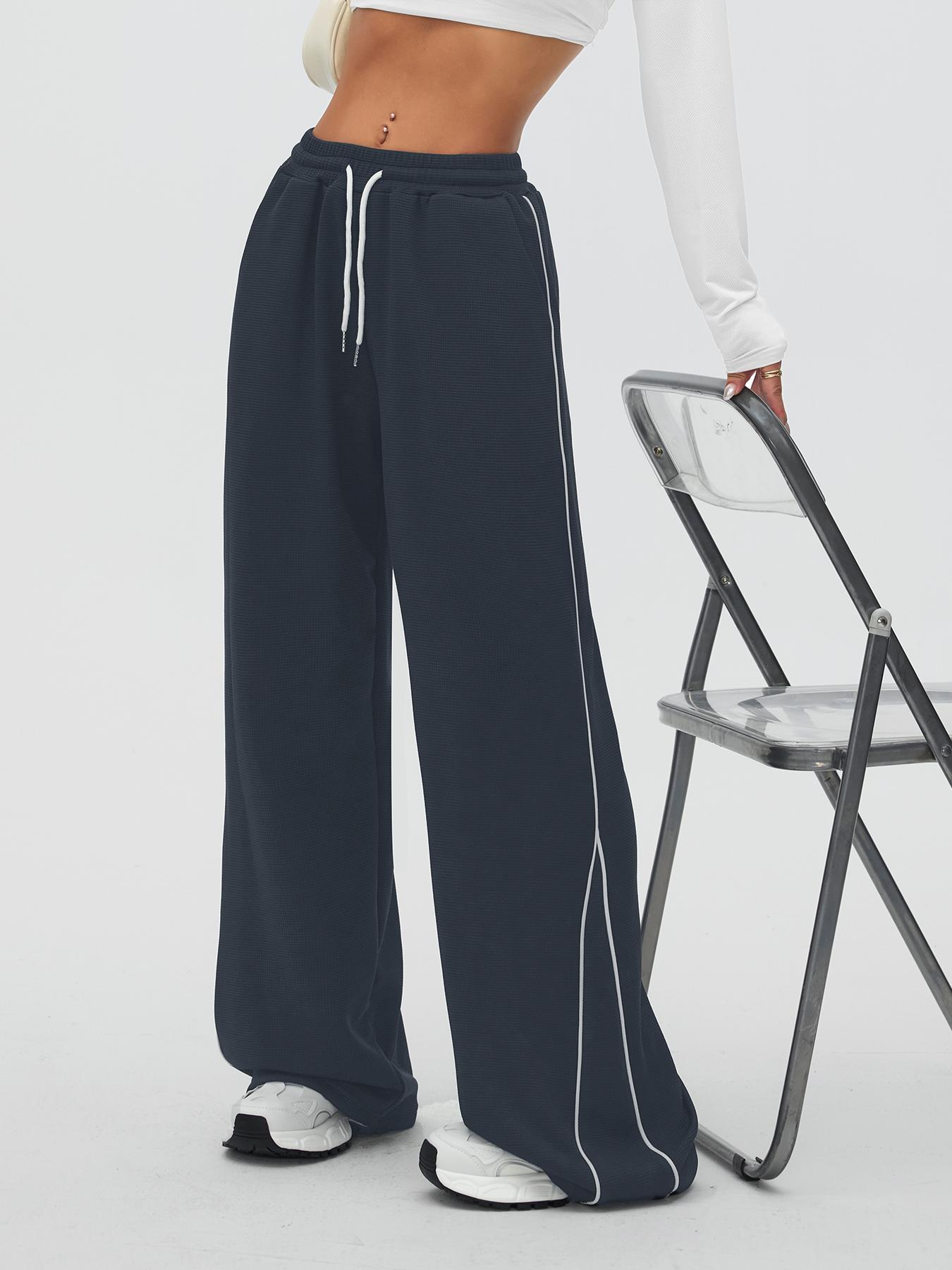 Women's Waffle Knit Pants, Loose-Fit Straight-Leg Side Color Block Pocket Detail Pants for Outdoor & Gym