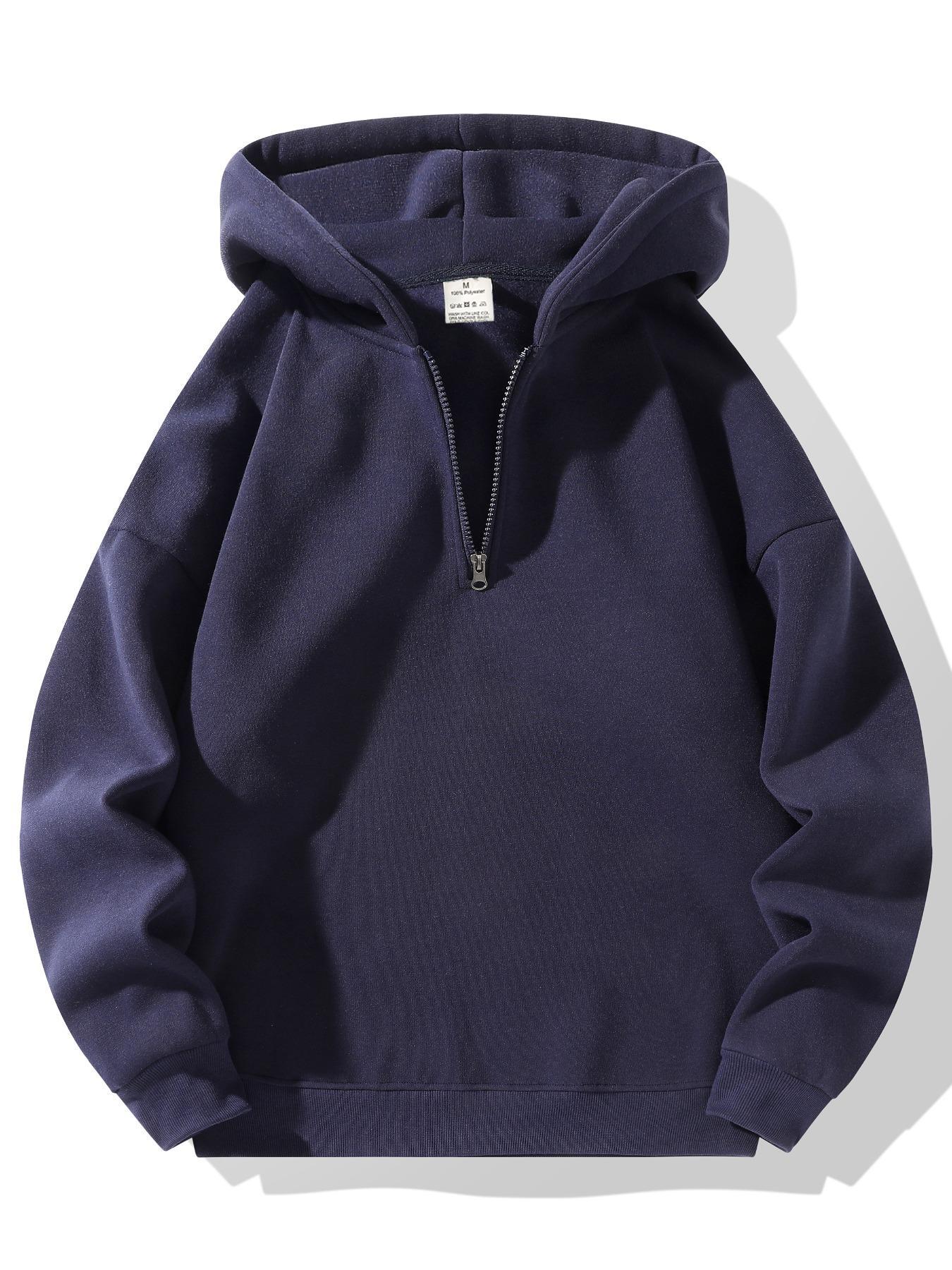 Men's Half-Zip Fleece Hoodie, Casual Plain Long Sleeve Drop Shoulder Sweater, Thick Fabric for Fall & Winter, Sporty Fashion Pullover