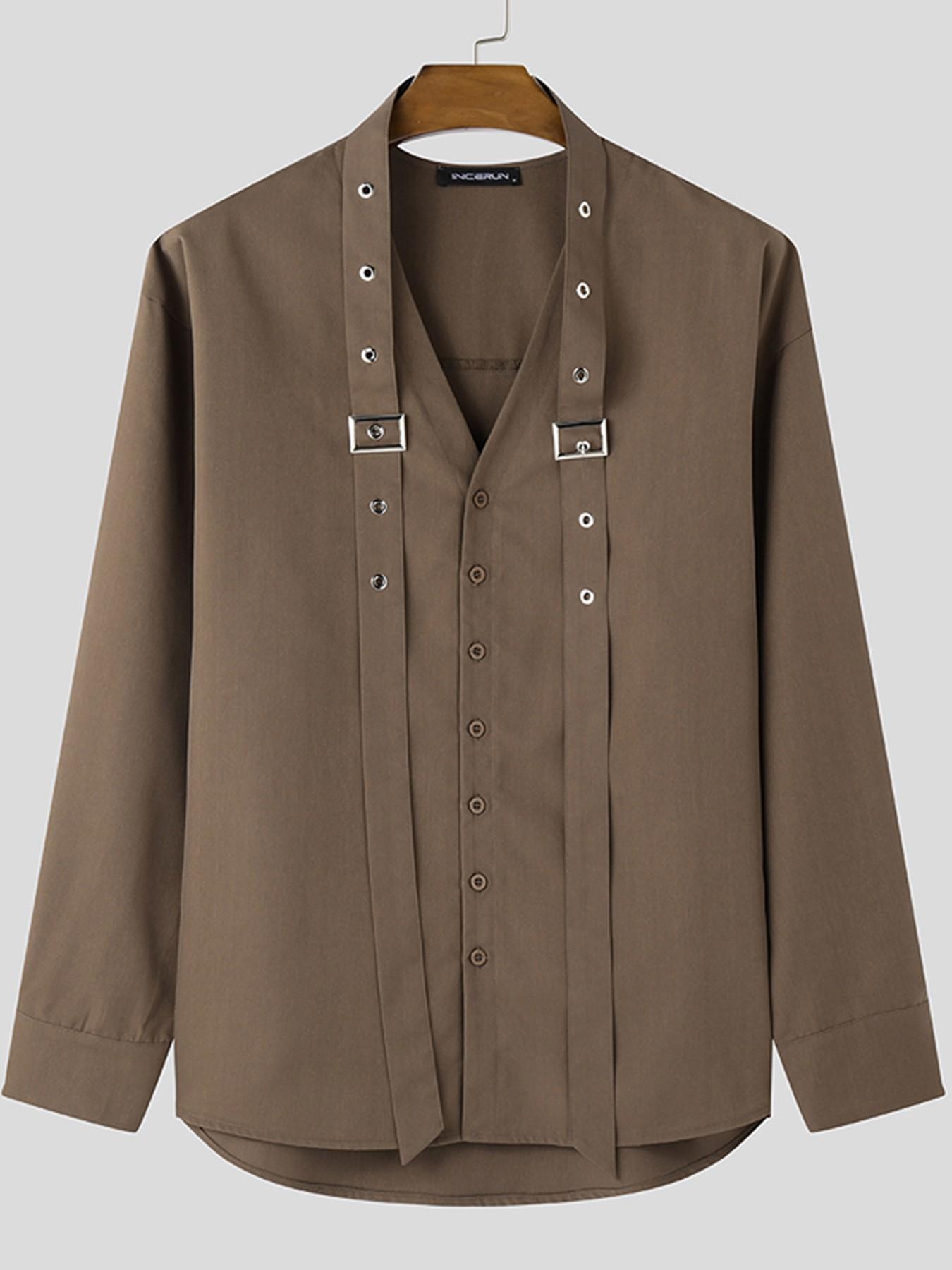 INCERUN Men's Fashion Solid Color Tie Design Long Sleeve Shirt, Casual Loose-Fit Top for Summer Daily Wear, All-Season Clothing