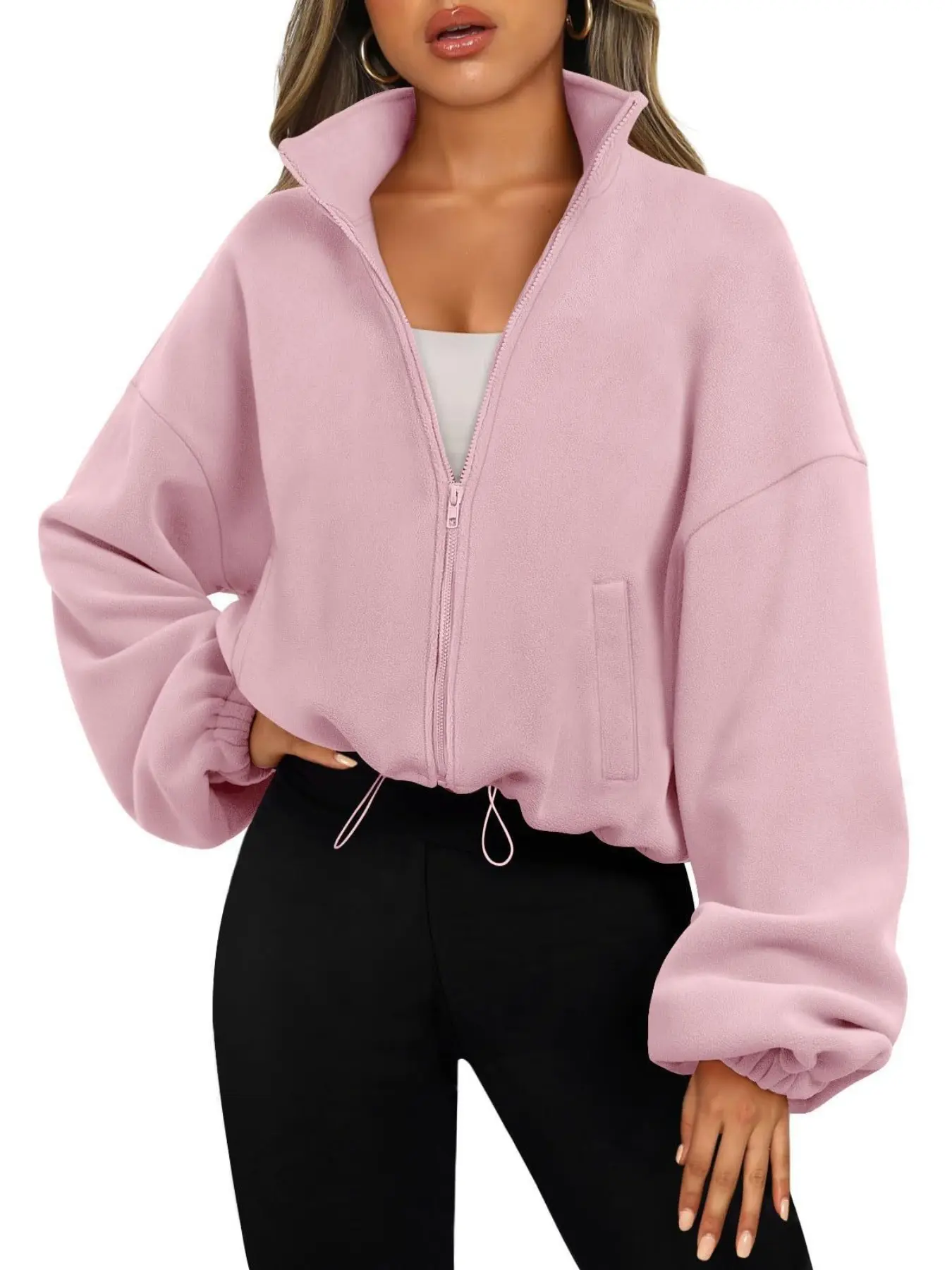 New Fall Winter Polar Fleece Short Stand Collar Sporty Jacket, Soft Texture, Drawstring Waist, Loose Fit, Zipper Closure, Side Pockets, Casual Sport Daily Wear