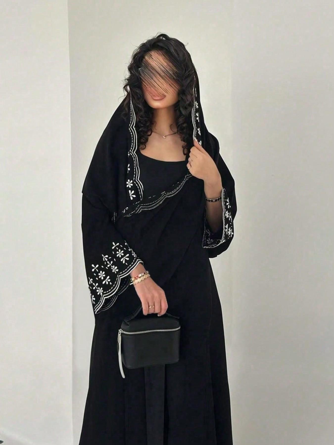 Hafizah New Women's Modest Fashion Embroidered Outerwear Cardigan, Trendy Style Casual Long Dress with Headscarf, All Seasons Oversize Loose Fit Clothes