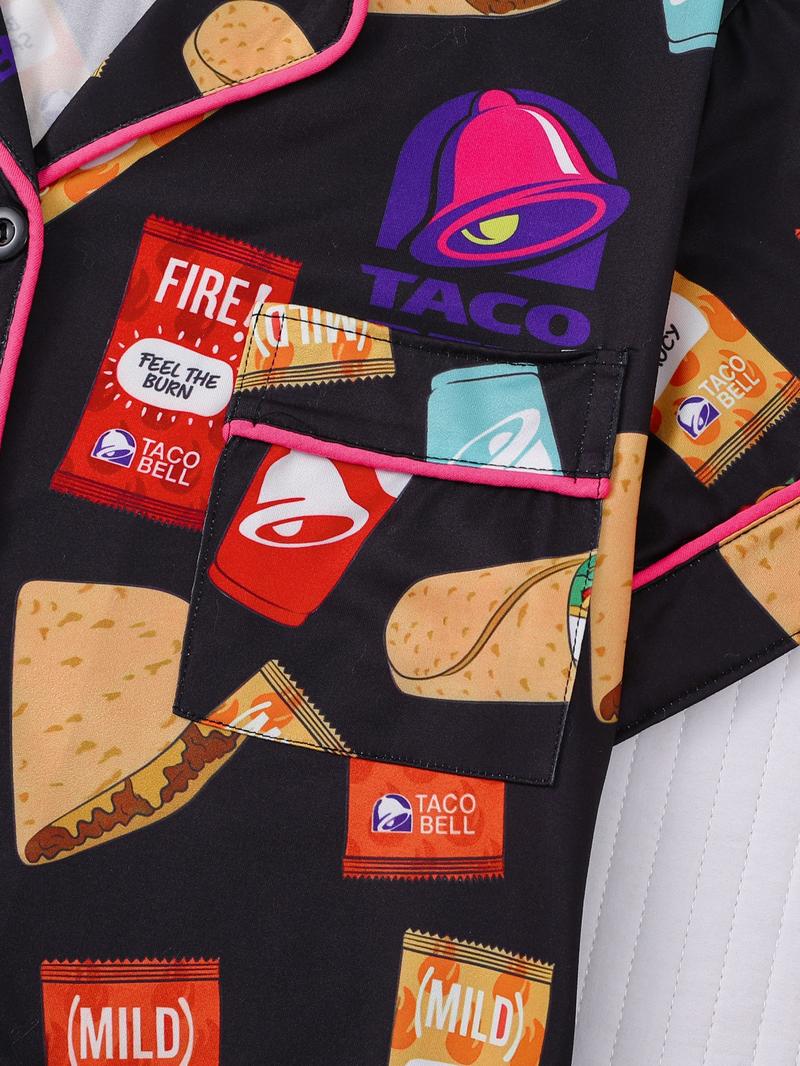 Women's 2-Piece Full-Body Snack & Beverage Print Sleepwear Set (Short Sleeve & Shorts) - Soft Comfort Top with Small Pockets, Turned-Down Collar, Button Closure, Elasticated Waistband, Suitable for Year-Round Home Wear - Button Front Shorts Pj Set