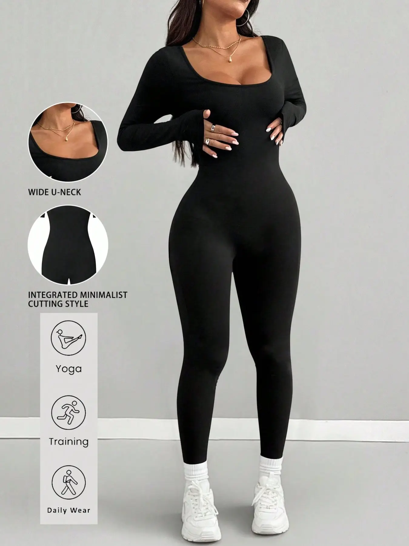 Women's One-Piece Pants, U-Neck Solid Color, Fashionable and Comfortable, Elastic Knit Long Sleeve, Perfect for Outdoor Activities, Yoga Activewear Jumpsuit