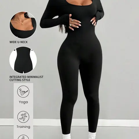 Women's One-Piece Pants, U-Neck Solid Color, Fashionable and Comfortable, Elastic Knit Long Sleeve, Perfect for Outdoor Activities, Yoga Activewear Jumpsuit