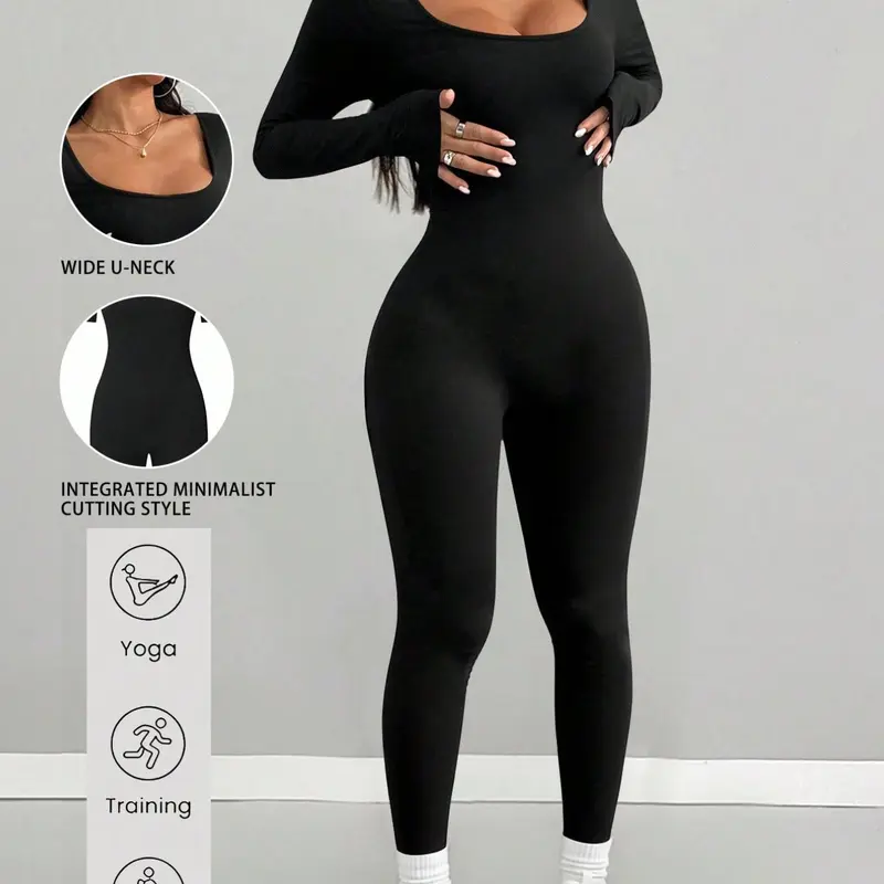 Women's One-Piece Pants, U-Neck Solid Color, Fashionable and Comfortable, Elastic Knit Long Sleeve, Perfect for Outdoor Activities, Yoga Activewear Jumpsuit