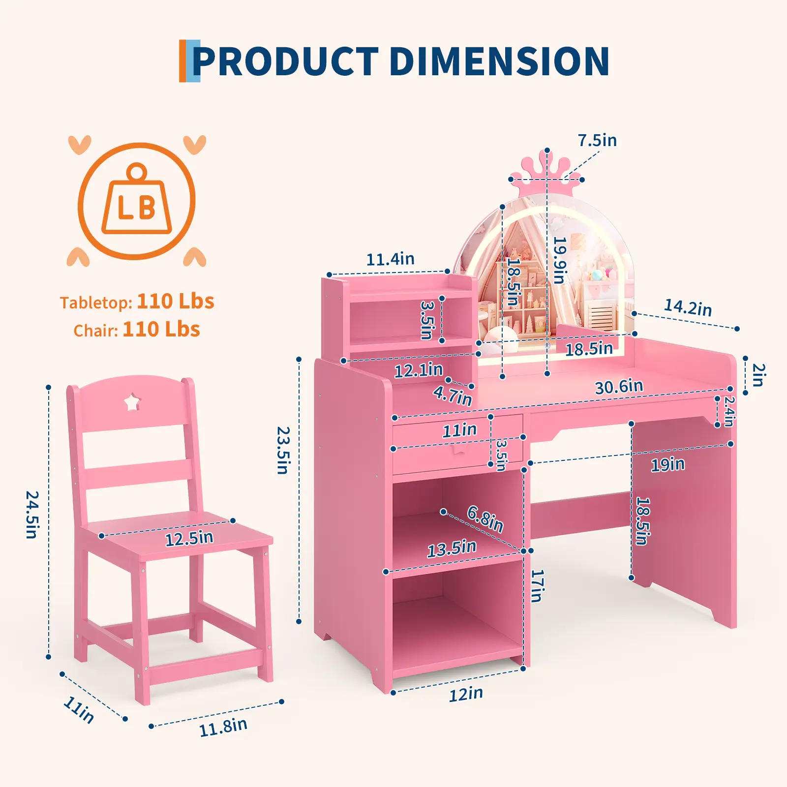 Vanity Desk with Mirror and LED Lights, Princess Vanity Para Niñas with Chair, 2-in-1 Girls Makeup Vanity Table with Drawers and Shelves, Touch-Sensor Three-Color Lighted Mirror, Little Girl Vanity