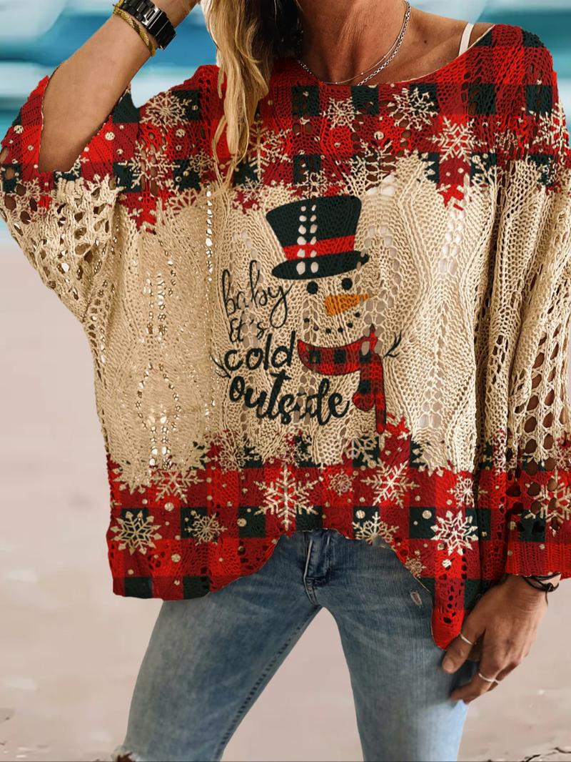 Women's Christmas Snowman Print Long Sleeve Knit Top, Casual Elegant Vacation Style Sweater, Loose Batwing Shoulders, Spring Fall Clothing, Lightweight Knitwear