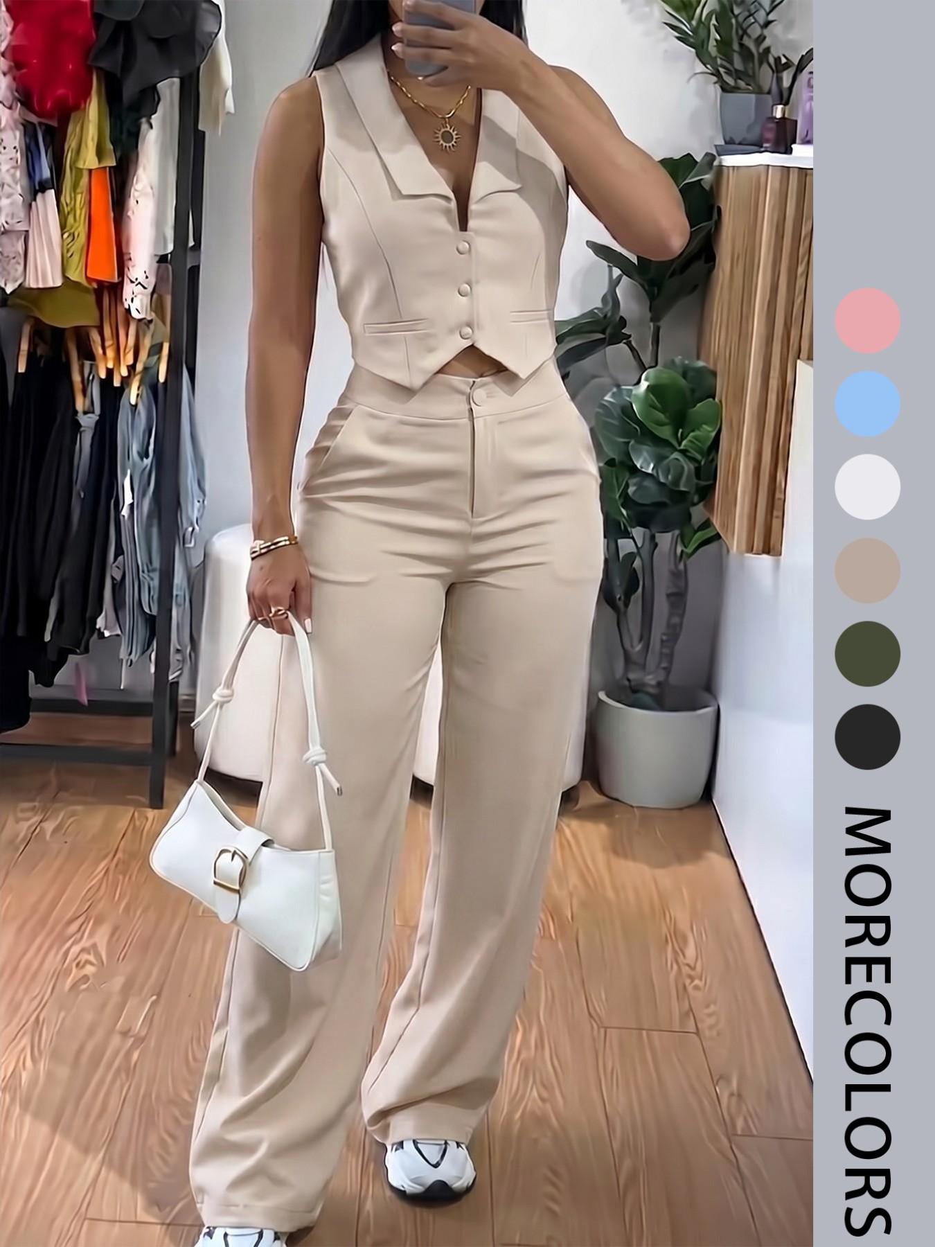 Women's Two-Piece Set, Sleeveless Waist-Cropped Vest and Wide-Leg Pants, Casual Loose-Fit Solid Pattern, All-Season Outer Vest