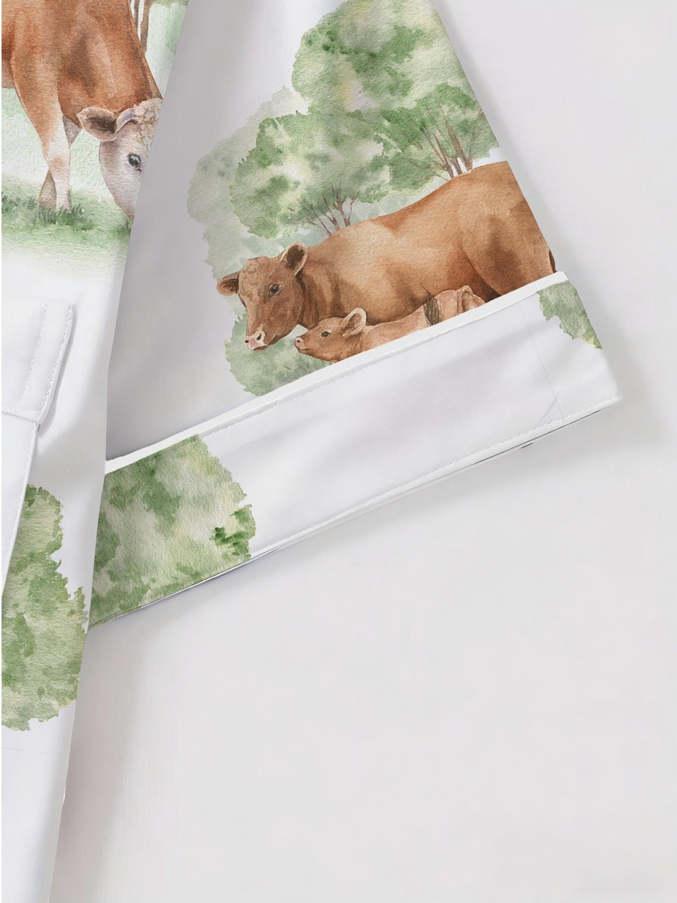 Women's Short Sleeve Button Down Top and Shorts Pajama Set, Spring Summer Wear, For Country Style Lovers, White Base Vintage Farm Print, Classic Lapel Collar, Loose Fit, Comfortable For Home & Gatherings