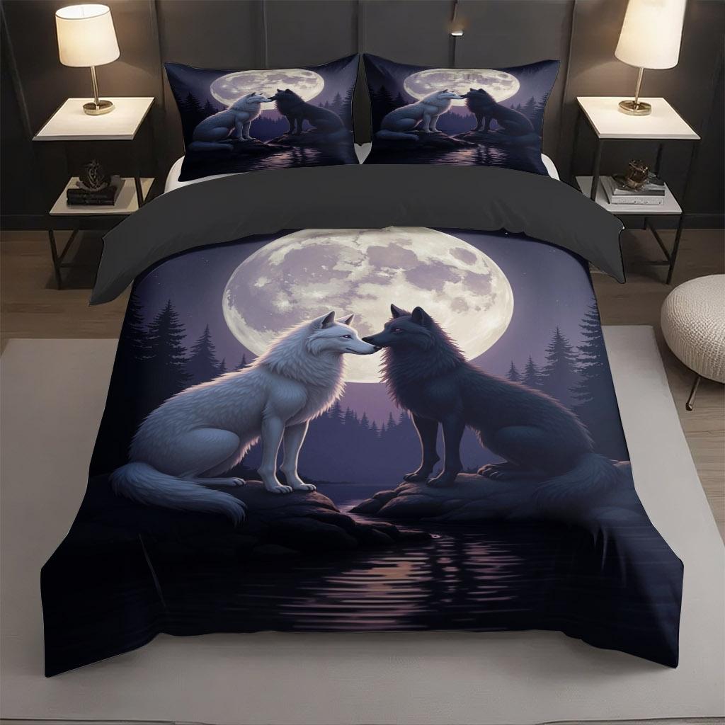 2/3 Pcs Wolf Shadow Theme Pattern Bedding Decorative Duvet Cover Set Under Moonlit Night (1* Duvet Cover +1/2* Pillowcase, Core-free), Machine Washable, Zipper Seal, Multiple Sizes Suitable For All Seasons, Suitable For Bedrooms,guest Rooms