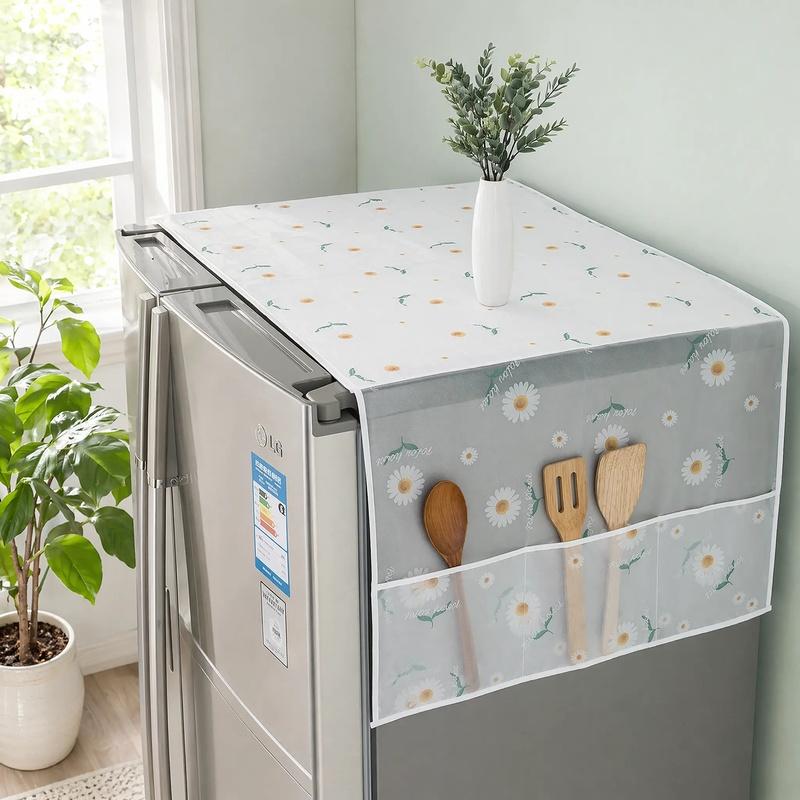 Daisy Print Refrigerator Dustproof Cover with Storage Pockets Multi Functional Waterproof Fridge Top Protector Household Kitchen Appliance Dust Proof Cover 1 Pack