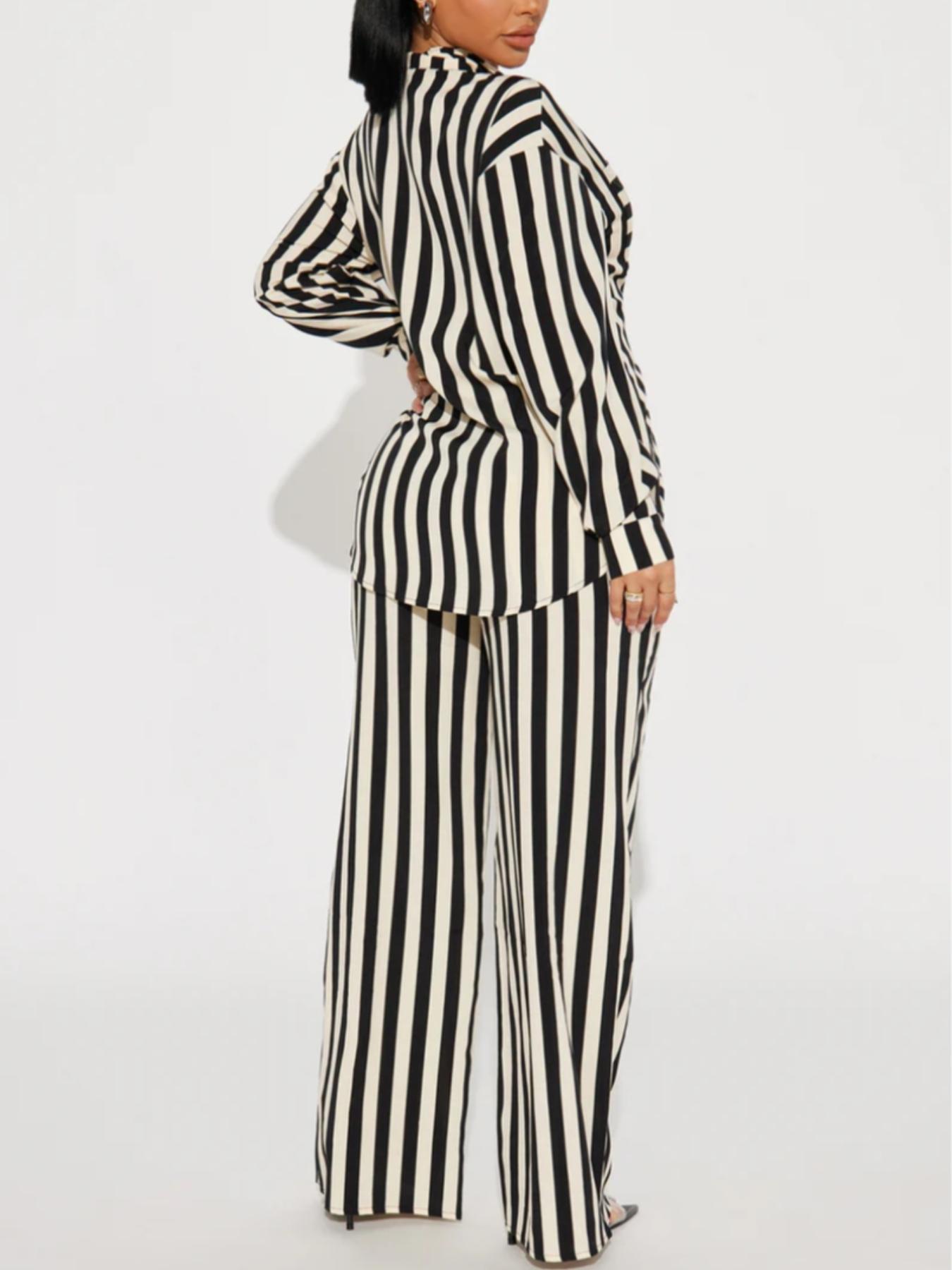 Women's black and white striped lapel long-sleeved button-down shirt and wide-leg pants set. Fashionable women's clothing for everyday wear and office use, perfect for all seasons.