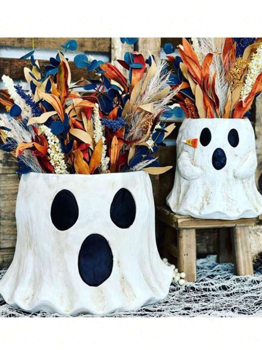 Vintage Textured Ghost Vase, Halloween Decor Ghost Shaped Dried Flower Pot, Multi-Occasion Table Centerpiece Decor For Holiday Party Housewarming Gift, Unique Spooky Ghost Planter For Living Room Kitchen Countertop