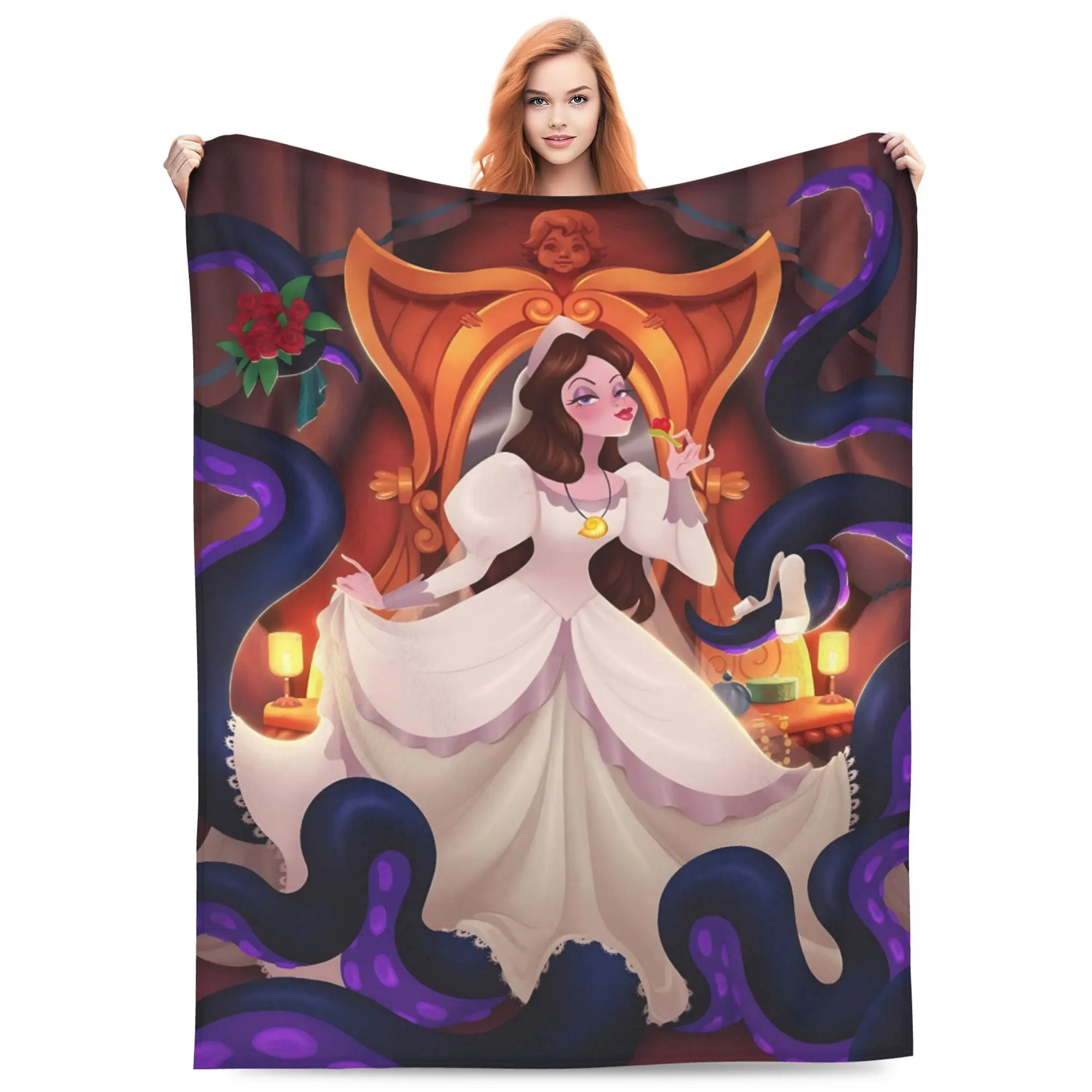Disney Classic [2026 New] The Little Mermaid Vanessa Ursula Disguise Flannel Throw Blanket, Dark Octopus Tentacles Gothic Chamber Print Soft Lightweight Cozy Blanket for Sofa Bed Villain‑lover Gift
