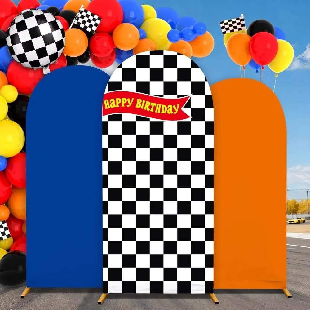 Racing Arch Backdrop Cover Black and White Checkered Flag Chiara Spandex Fitted Arch Cover for Race Car Birthday Party Decor, Happy Birthday Banner Blue Orange Arch Cover for Little Kids Boys Hot Car Race Theme Party Photo Booth Props, Frame Not Included.