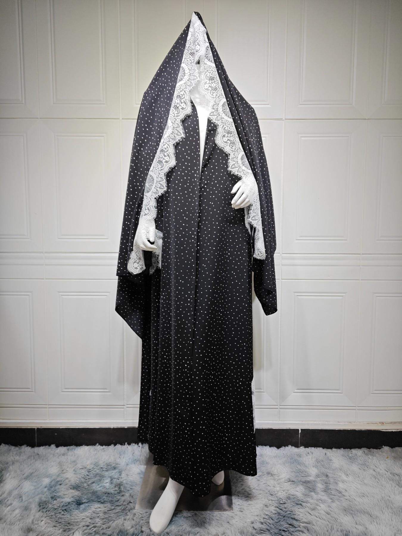 New Muslim Women's Long Robe, Loose Fit, Includes Headscarf, Polka Dot, Lace Design, Split, Two-Piece Set, Casual Daily Wear, Elegant Islamic Clothing, Abaya Hijab Set, Islamic Modesty Clothes