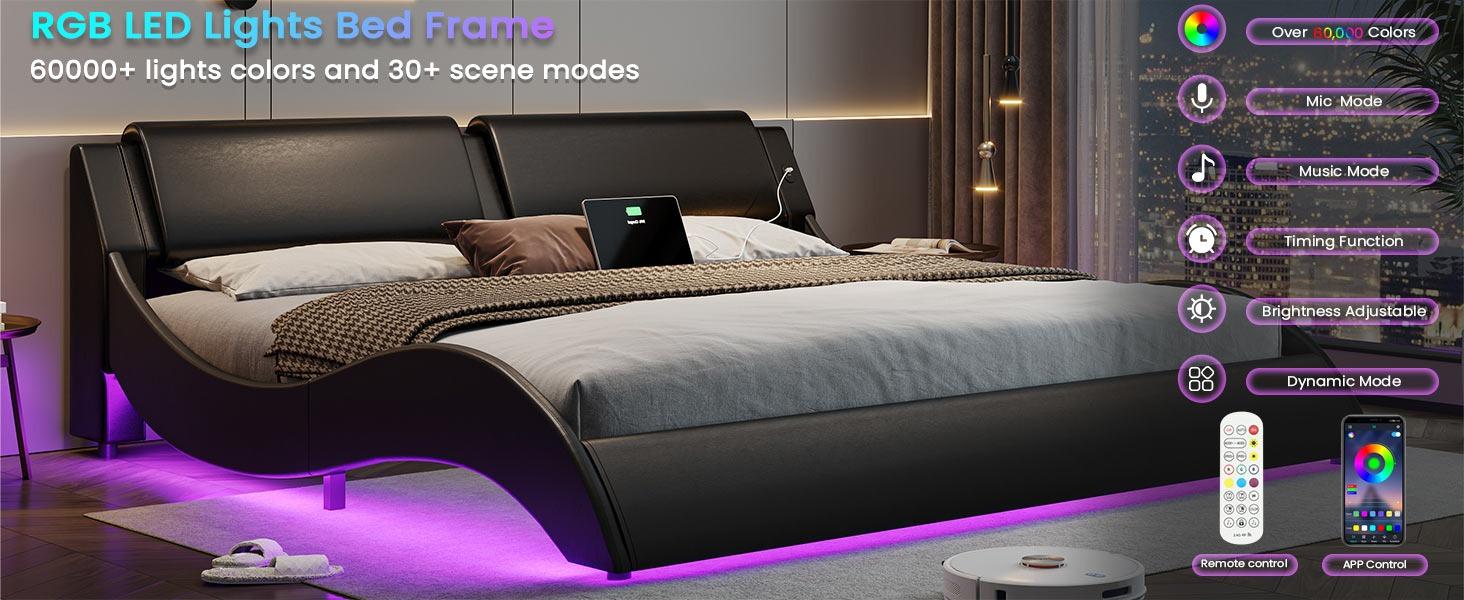 Sikaic Wave Like Curve LED Lighting Bed Frame With Charging Ports And Headboard Black Upholstered Platform Bedframe