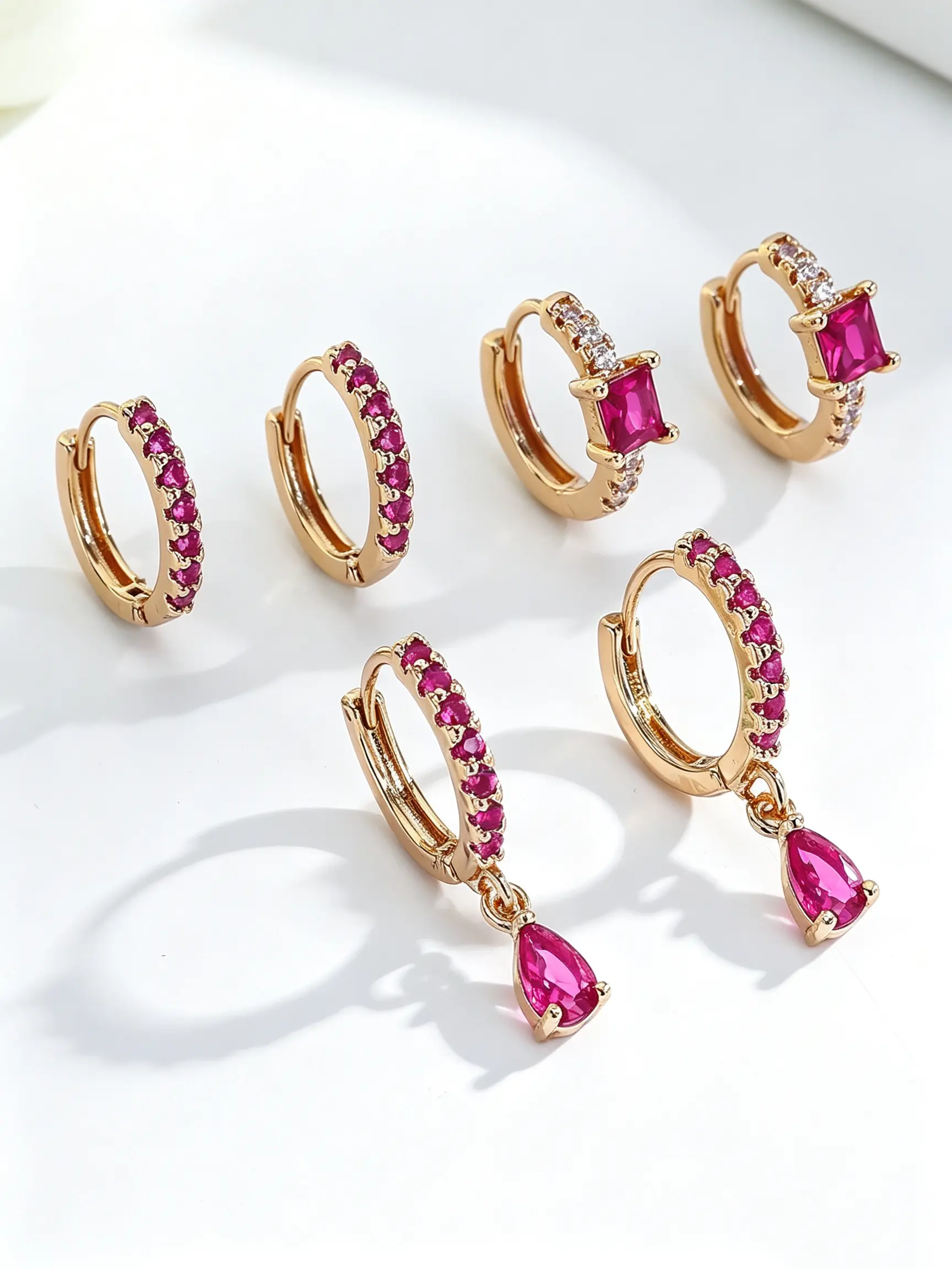 Women's 3-Pair Huggie Hoop Earrings Multipack - Huggie Earring Sets Mixed Shapes Teardrop & Square Dangles with Inlaid Accents, Metal Coating, Stacking Fit, Trendy Fashion Jewelry for Daily & Party Use, Ideal Gift