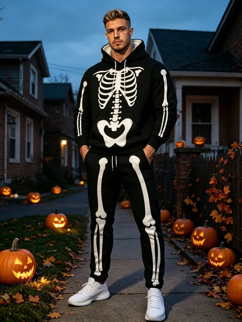 Men's Halloween Skeleton Print Hoodie and Pants Set, Party Cosplay, Casual Outdoor Sports Wear, Two-Piece Men's Clothing
