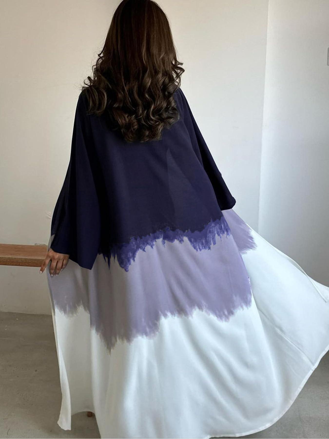 Women's Gradient Color Block Open Front Cardigan, Long Sleeve Loose Fit Elegant Commuter Casual Arab Robe, Cross-Border Fashion Outerwear