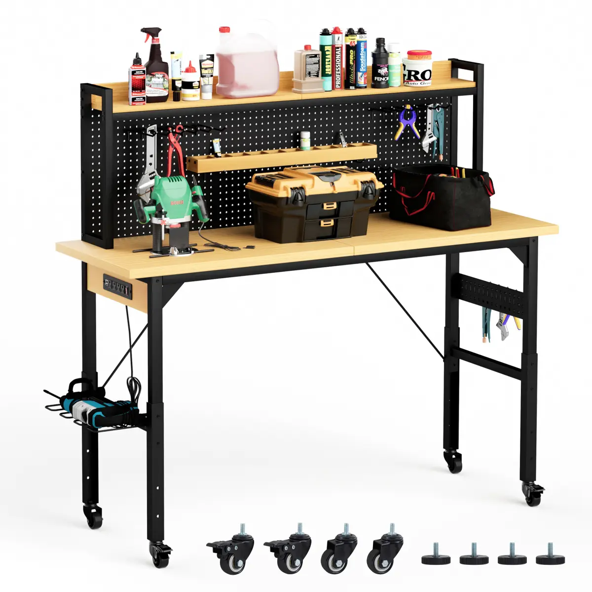 Dufominc  71''Adjustable Workbench with pegboard, Heavy Duty Wooden Desktop Workbench with Wheels, 1600 lb.Load Capacity, Rolling Workbench with AC/USB Outlet, Hooks, Shelf, for Garage, Workshop, Office, Home.