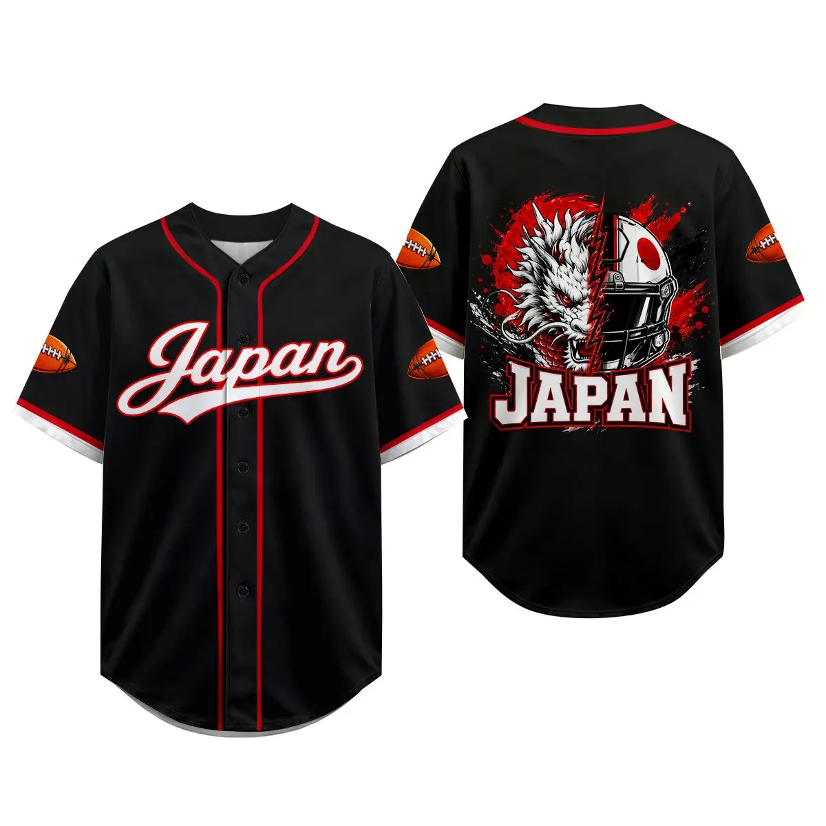 Japan Baseball Jersey for Men Women, Black Red Button Down Sports Fan Shirt, Dragon Helmet Graphic Back, Game Day Outfit, Unisex Streetwear Jersey, Short Sleeve Team Style Top for Football Fans, Tailgate Party, Summer Casual Wear