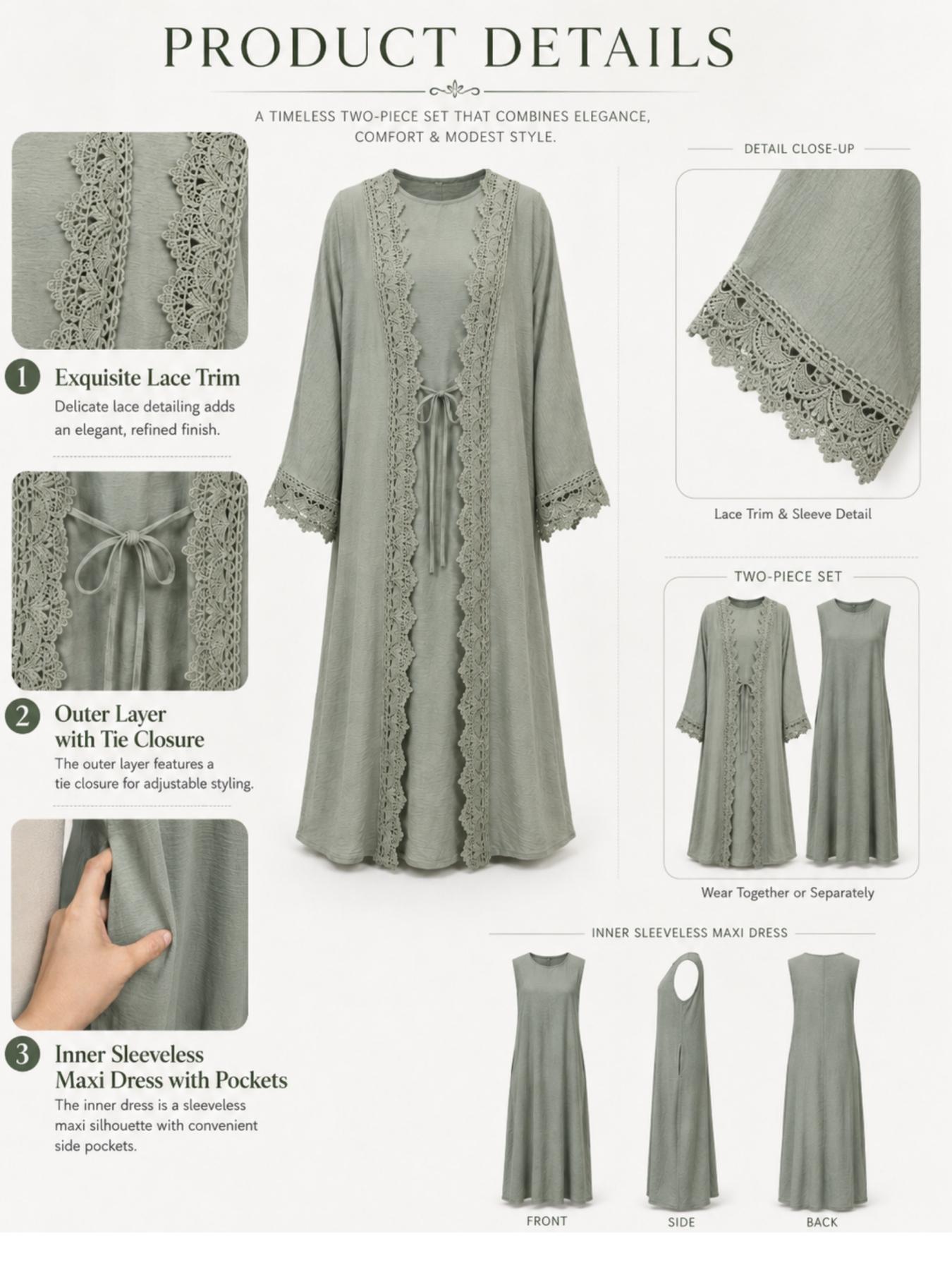 Women's Elegant Traditional Two-Piece Set, Tie Front Abaya & Pocket Tank Dress, Elegant Islamic Clothing, Muslim Clothing, Modesty Wear, Modest Muslim Outfits, Islamic Modesty Clothes, For Muslim