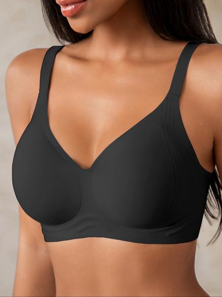 Women's Deep V Wireless Jelly Bra, Wide Shoulder Straps, Removable Pads, Medium Support, Casual Plain Design, All Seasons