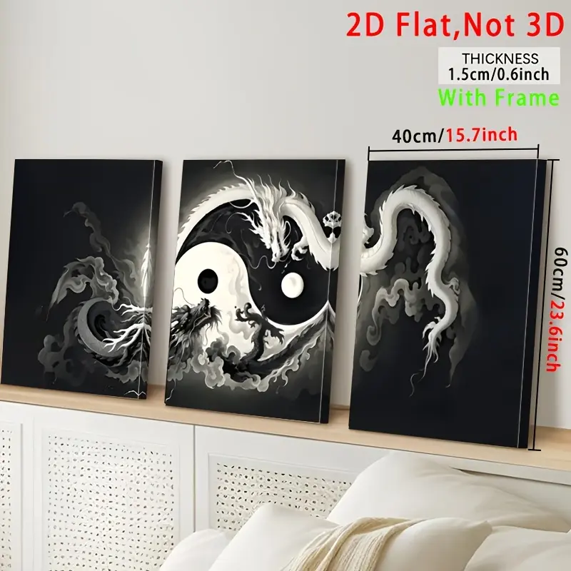 3 pieces, 2D flat print with frame, 3 canvas prints |   Black and white yin-yang symbol animal dragon art, yin-yang fantasy animal dragon creative poster, mysterious oriental art, interior home wall decoration art, wall art