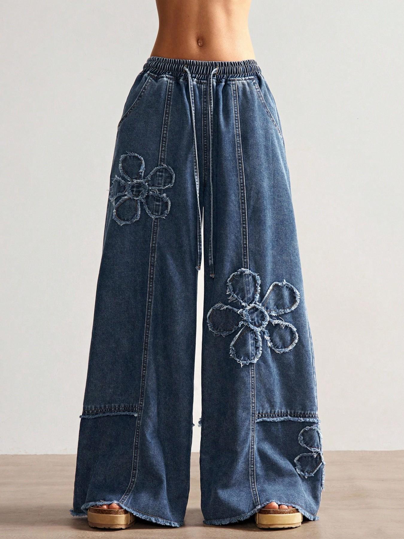 Boho Style Women's Casual Solid Wide Leg Jeans, Loose Fit Denim Jeans with Embroidery Pattern, Comfortable and Stylish Everyday Wear