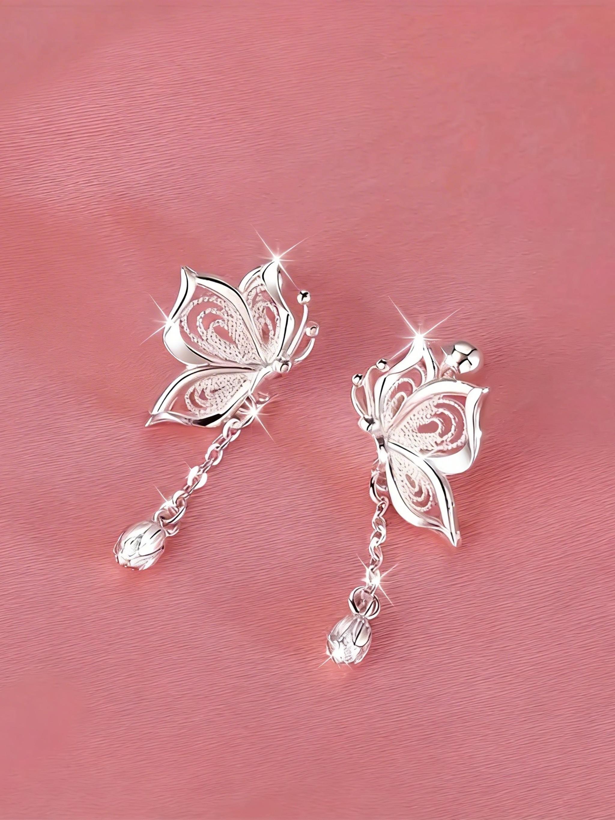 925 Sterling Silver Butterfly Hollow Out Fringe Earrings, Simple and Versatile, Perfect for Daily Wear and Parties