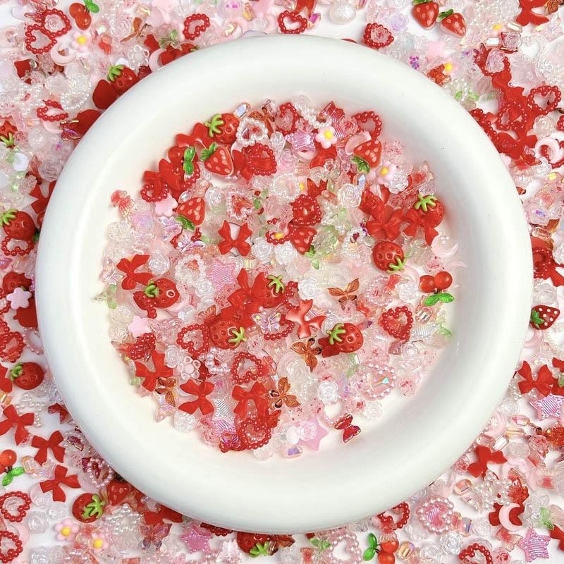 100PCS 3D Creative Strawberry Bow Cherry Resin Nail Charms Simulated Pearl Heart Transparent Camellia Butterfly Rose Decorations for Women DIY Phone Case Nail Art Supplies