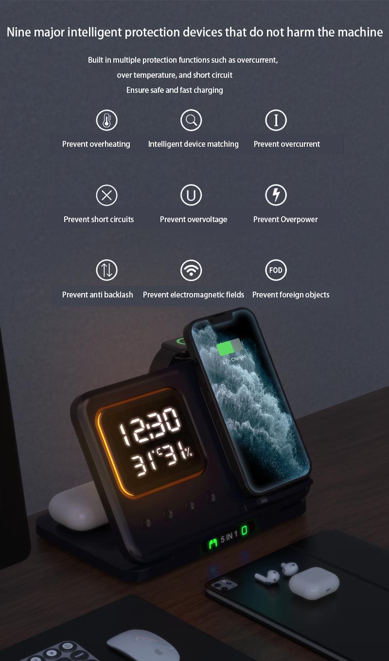 Wireless charger with three in one and three levels dimming  multifunctional clock and night light  foldable for use with Apple phone watch stand and base