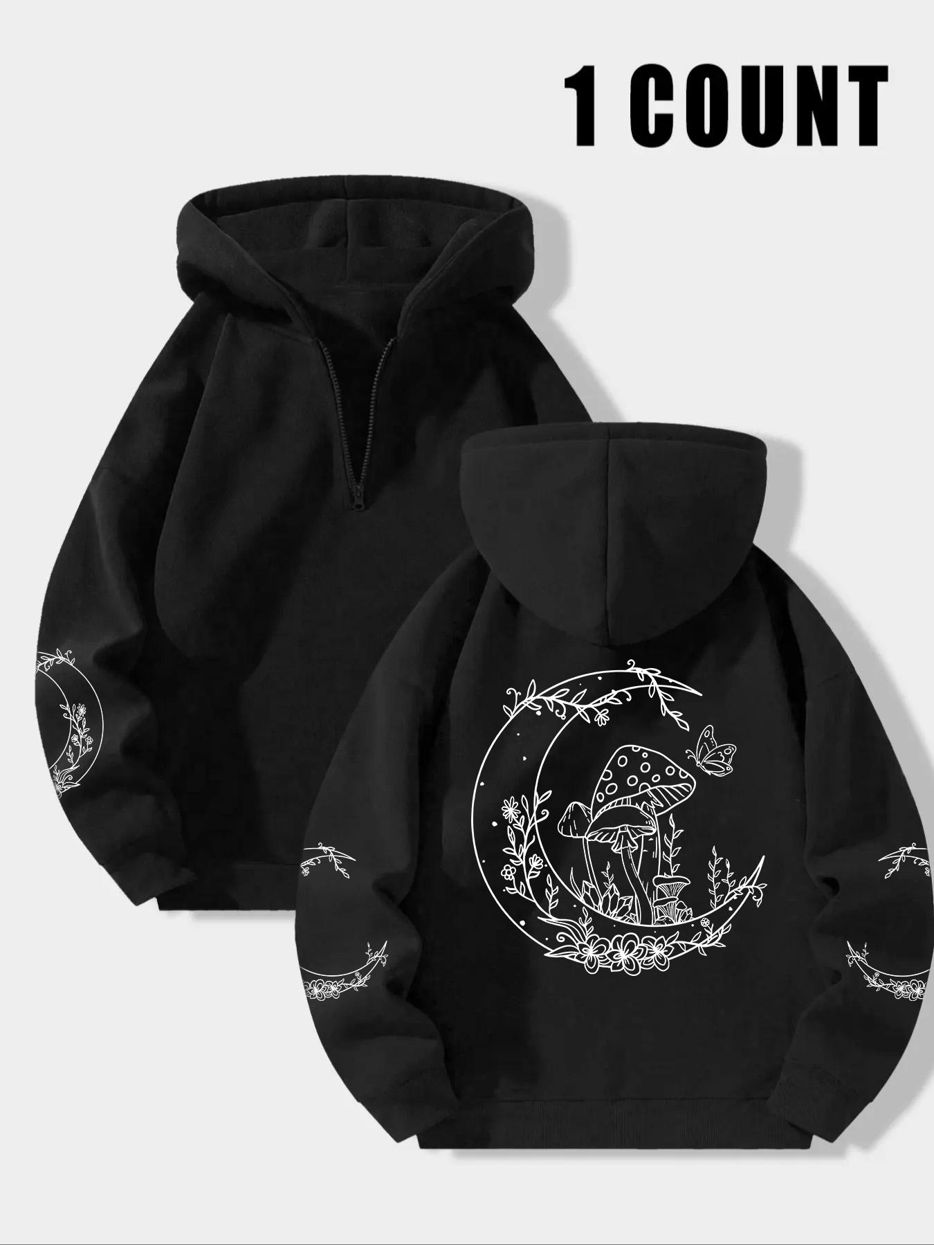 Women's Moon & Mushroom Print Drop Shoulder Hoodie, Casual Trendy Long Sleeve Hooded Sweatshirt for Daily Wear, Ladies Clothes for Fall & Winter