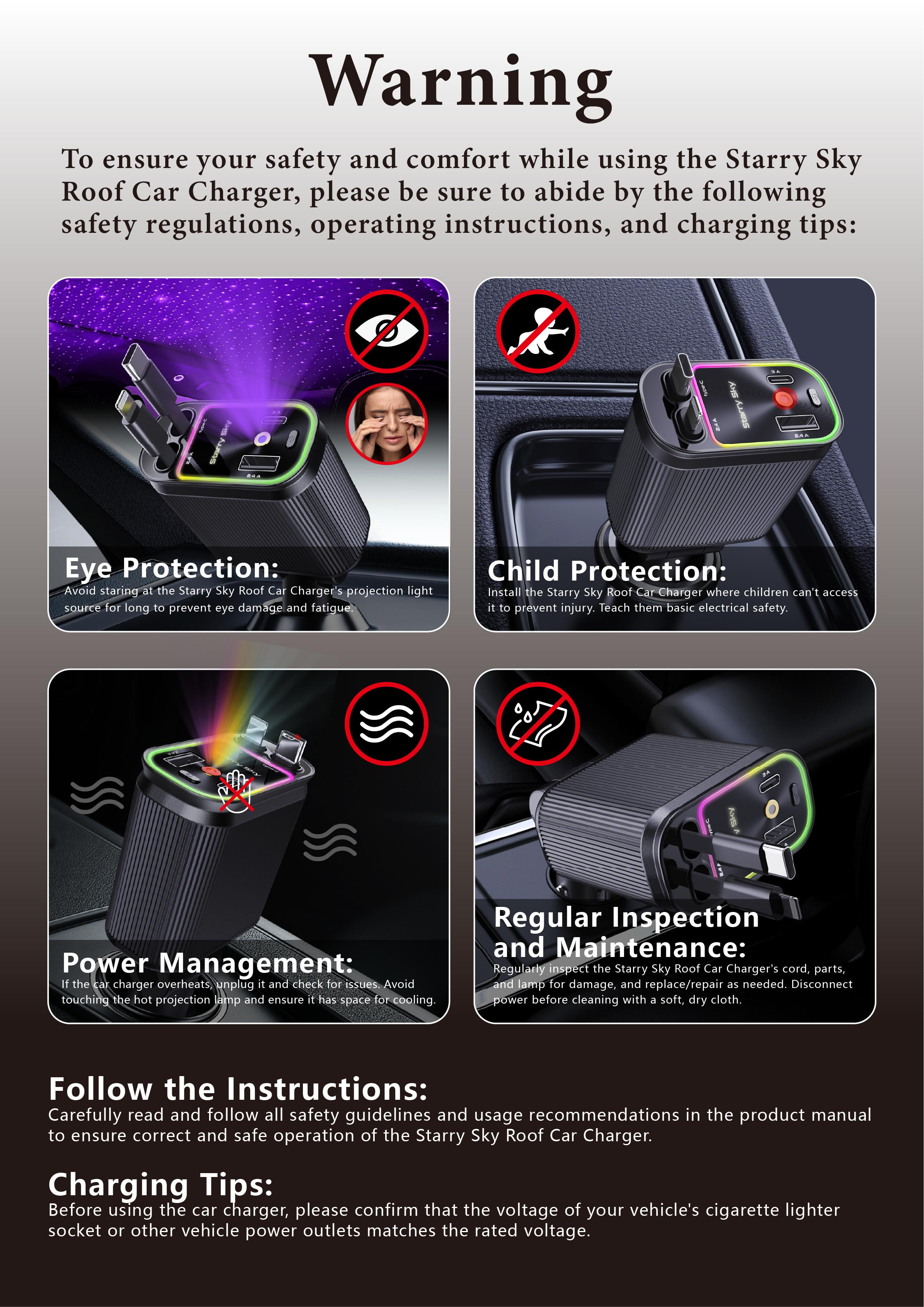 4-in-1 Headliner Fast Charging Retractable Car Charger Starlight Roof Projector with Red and Blue Light, 31-inch Retractable Cable (for Type-C and iOS Devices),- Travel Car Accessories​​