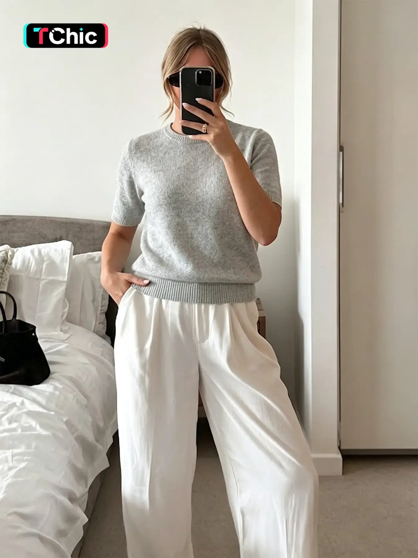 Elegant Women's Winter Casual Knit Top, Solid Color Round Neck Short Sleeve Fitted Tee, French Style Home Office Wear, Knitwear