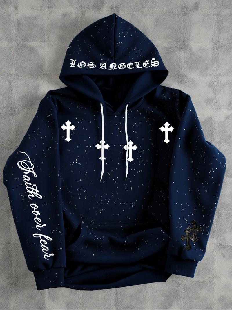 Men's Hooded Sweatshirt, Dark Gothic Cross Element Hooded Sweatshirt, Starry Sky Dyeing Process Pullover, Kangaroo Pocket,  Casual Regular Loose Drawstring Hooded Sweatshirt, Suitable For Daily Vacation Outdoor Wear, Fall Outfits & Winter Outfits