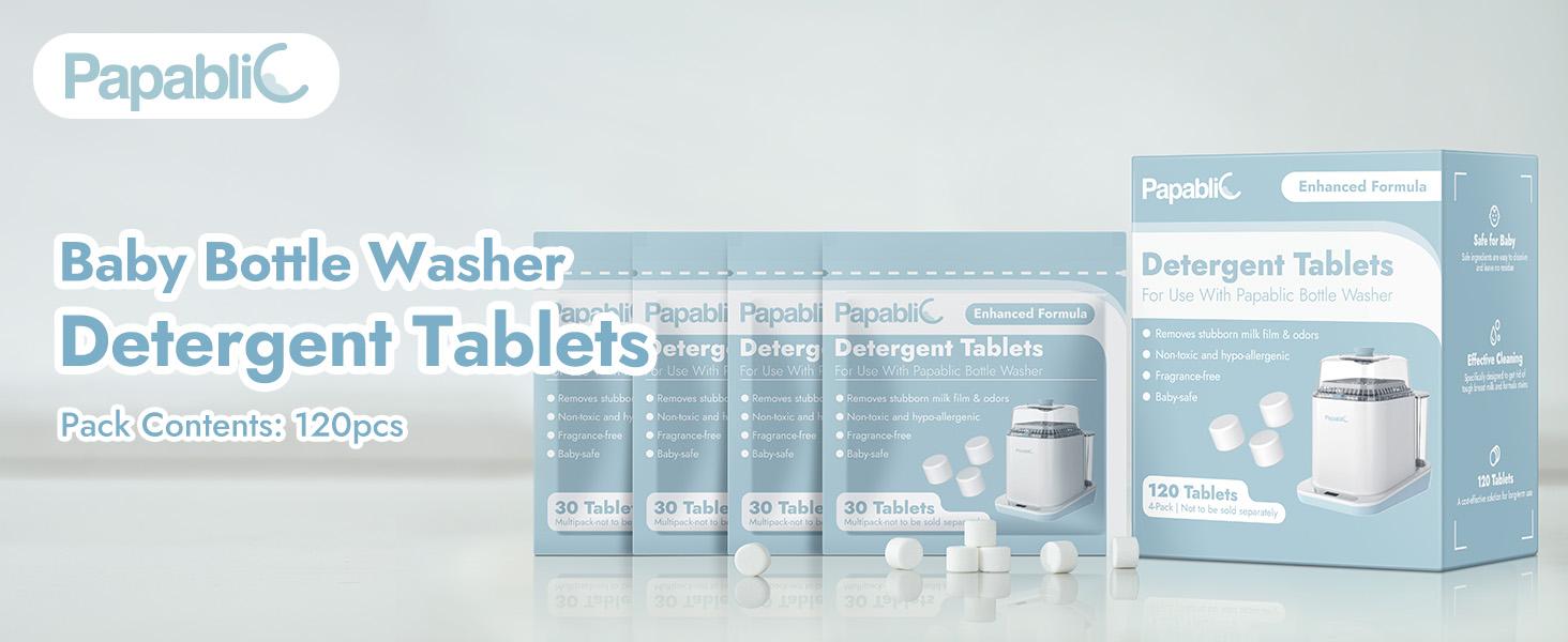 Papablic 120Pcs Baby Bottle Washing Tablets for Momcozy, GROWSY, Baby Brezza, Ultra Concentrated Safe Formula Detergent Soap Tablets Compatible with All Brands - Milk Residue