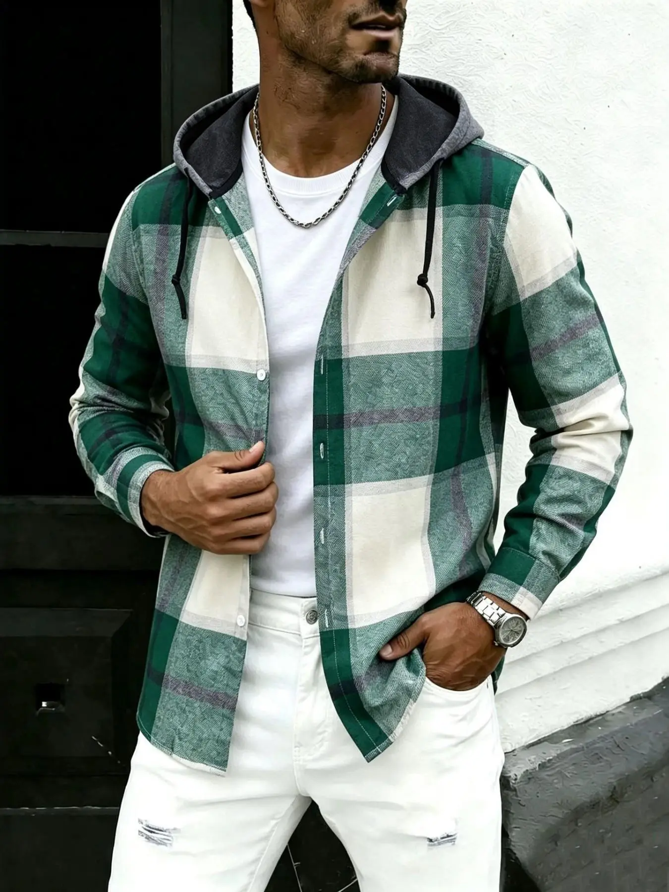 Men's Plaid Print Button Front Drawstring Hooded Shirt, Casual Regular Fit Long Sleeve Top for Fall & Winter, Men's Clothes for Daily Wear