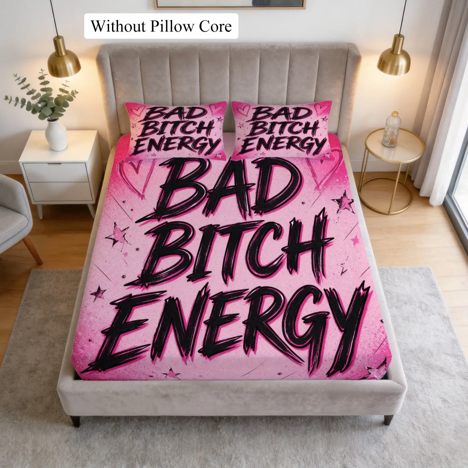 Bed Sheet Set With Pink Sweet Cool Slogan Single-Sided Printed Pattern, Bad Bitch Energy, Fashionable Bedding Decoration, 1 Bedsheet With 2 Pillowcases (Excluding Pillow Core), Suitable For Bedroom Decoration And Gifts For Teenagers And Adults