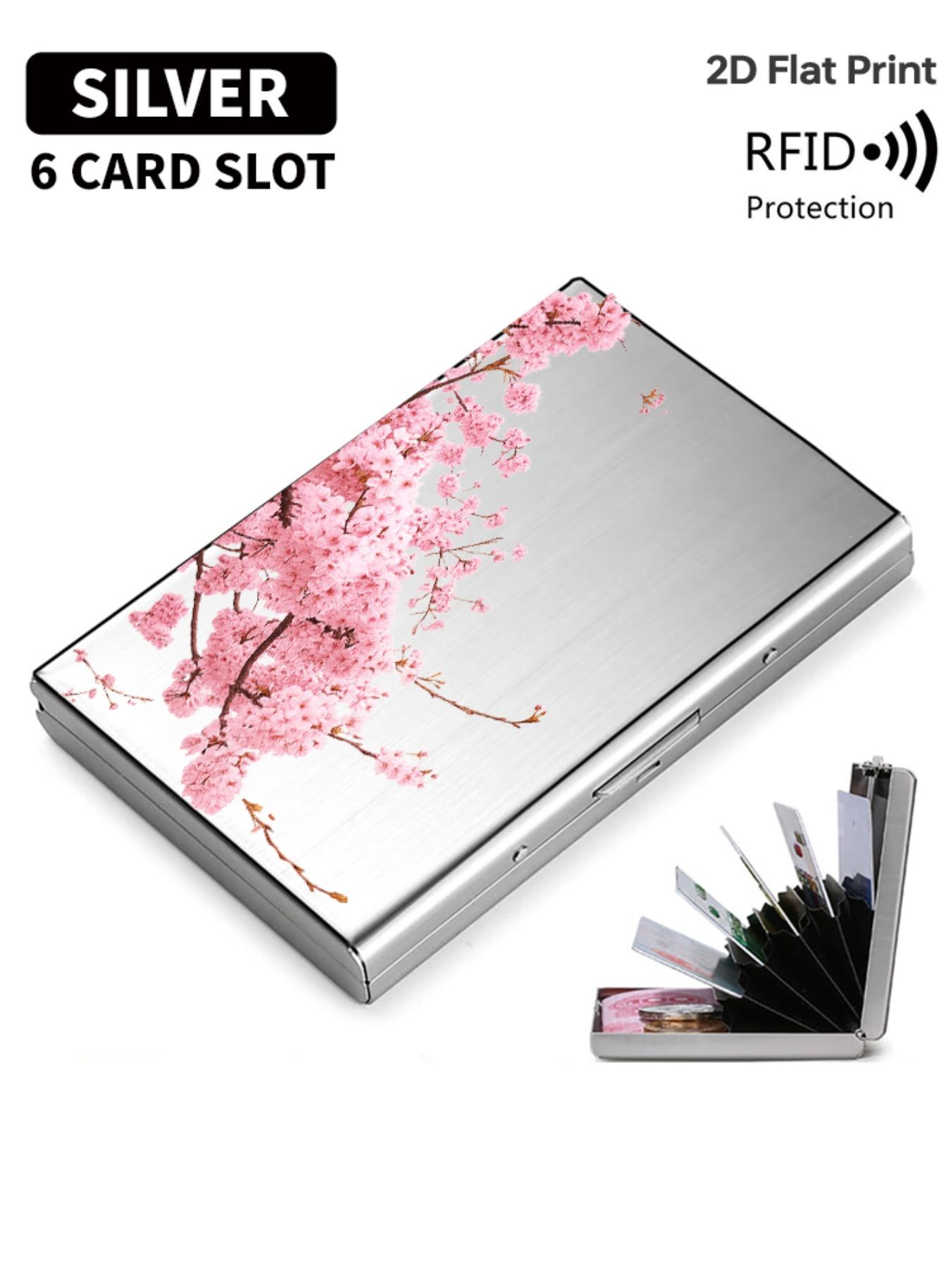 Cherry Blossom Pattern Rfid Metal Card Holder, Multi-Layer Stainless Steel Design, Ultra-Thin Magnetic Closure, Perfect Gift for All Seasons, Magnetic Card Holders