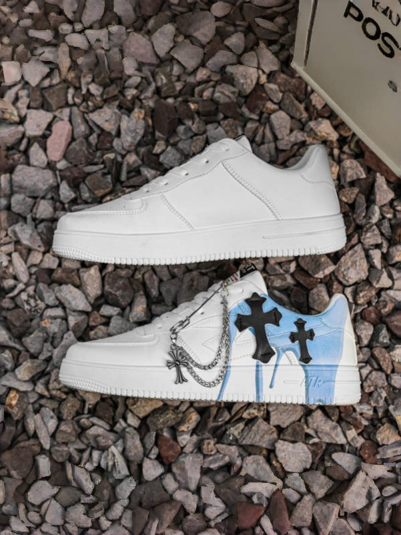 Men's Cross Decoration Low Top Trendy Sneakers Sports Shoes - Durable Upper+Rubber Outsole+Size 39-44 Men's Range Suitable for Daily Wear+Streetwear, Chain Detail Unique Design & Fashionable Eye-Catching