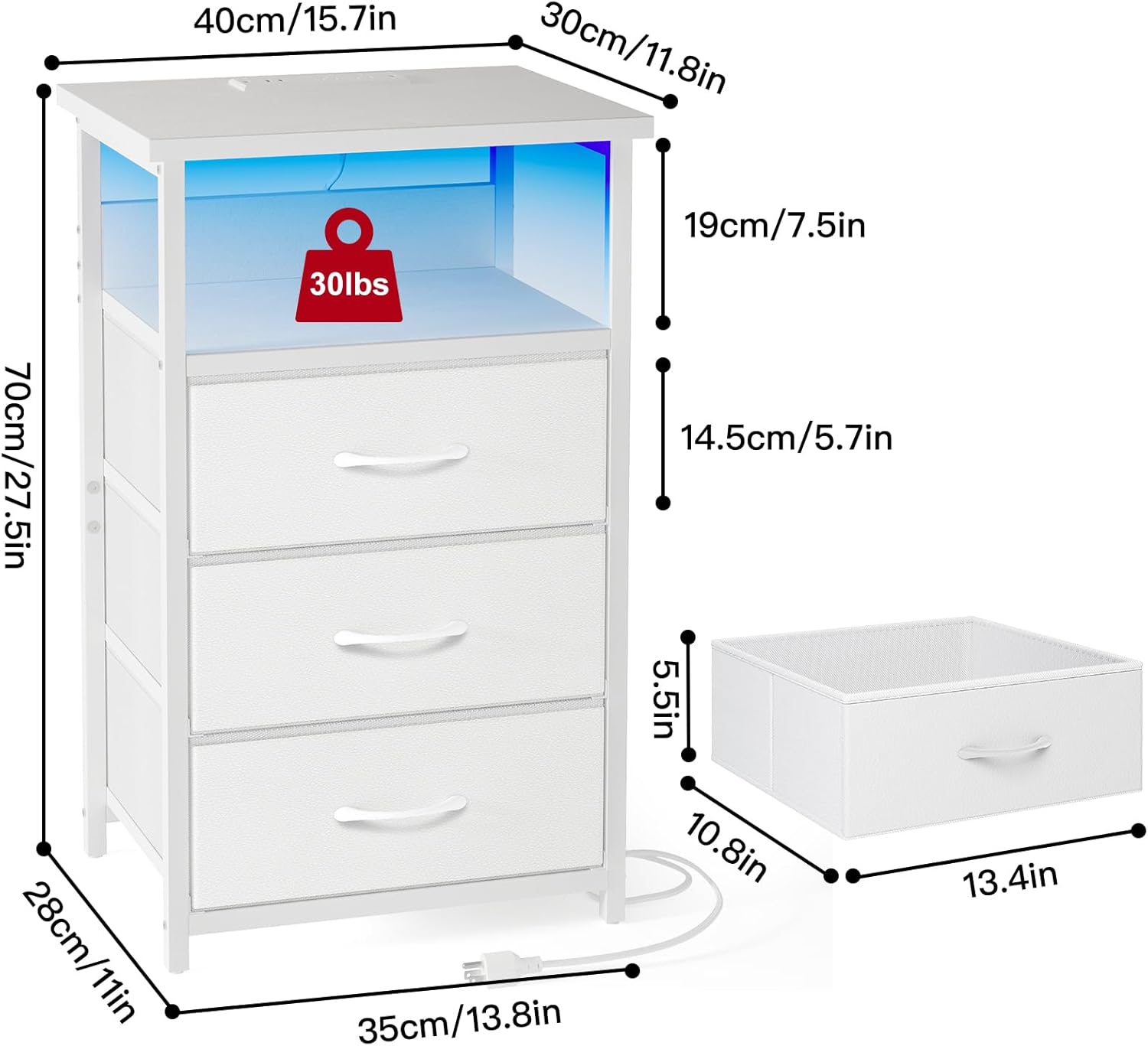 Night Stand with Charging Station, LED Nightstand with U-S-B Ports and Outlets, 3 Fabric Storage Drawers with PU Finish, Bedside Table, White