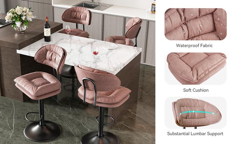 Modern BarStools Set of 2 Ergonomic Double-Layer Upholstered Swivel Bar Stools with Back Adjustable Height for Kitchen Island Durable Soft Fabric Chairs