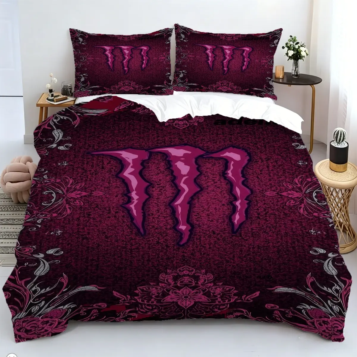 2/3Pcs Monster Claw Marks Pattern Duvet Cover Set, Burgundy Floral Textured Bedding Set, Gothic Bedroom Decor, Machine Washable. 1 or 2 Pillowcase, No Filling
