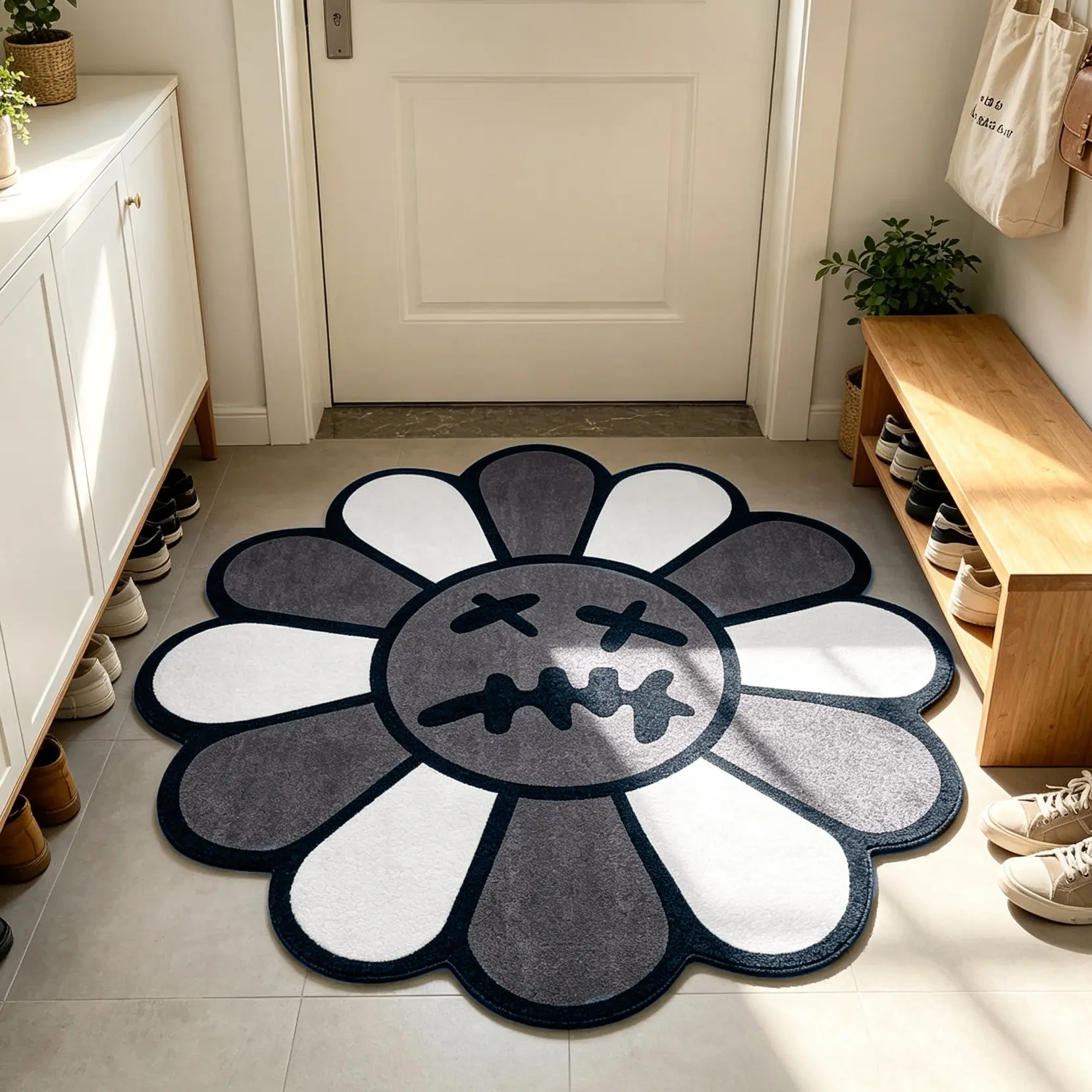 Round Floral Bedroom Rug, Vintage Flower Mat, Flower Pattern, Soft Comfortable Plush Rug, Hand-Wash Only