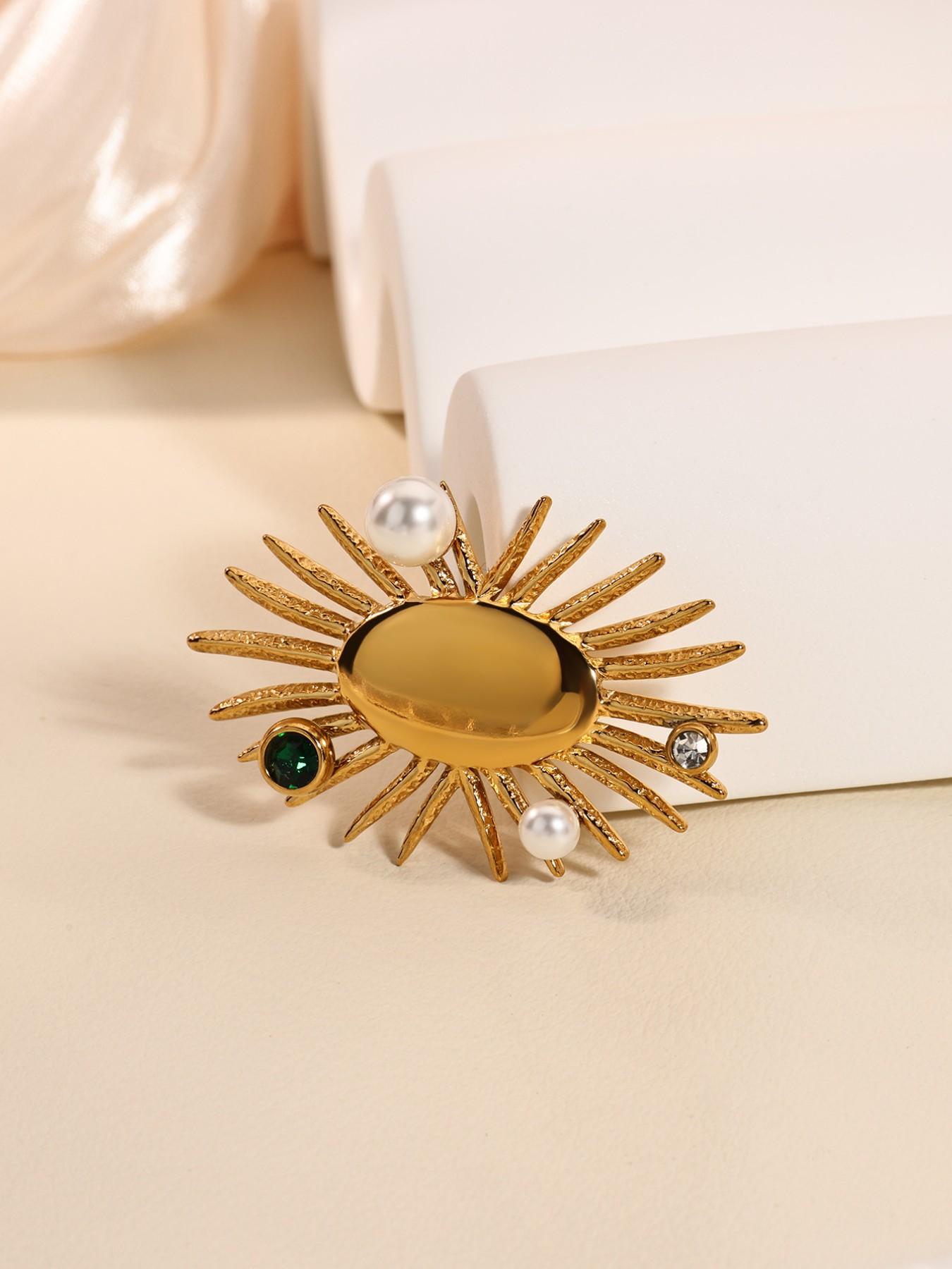 Elegant Pearl-Imitation Oval Sun Brooch, Stainless Steel Waterproof Pin, Perfect Gift for Birthdays, Parties, Weddings, Holidays