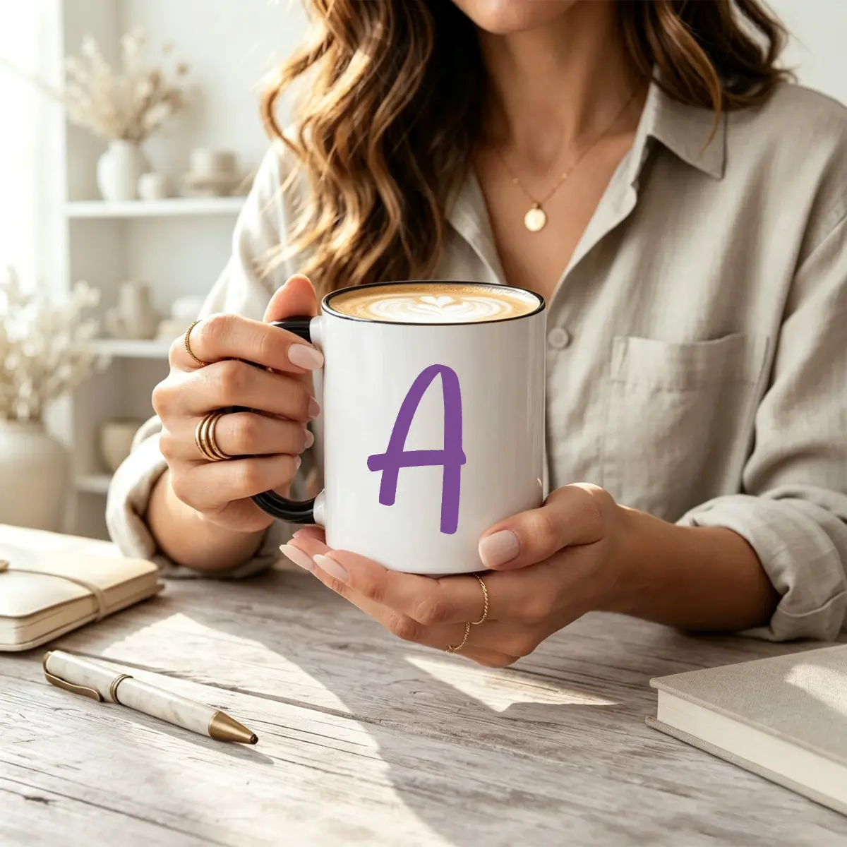Minimalist Purple Initial Letter A Monogram Ceramic Coffee Mug - 11oz-15oz 2-Tone Personalized Kitchen Drinkware, Aesthetic Birthday Gift for Her, Mom & Bestie
