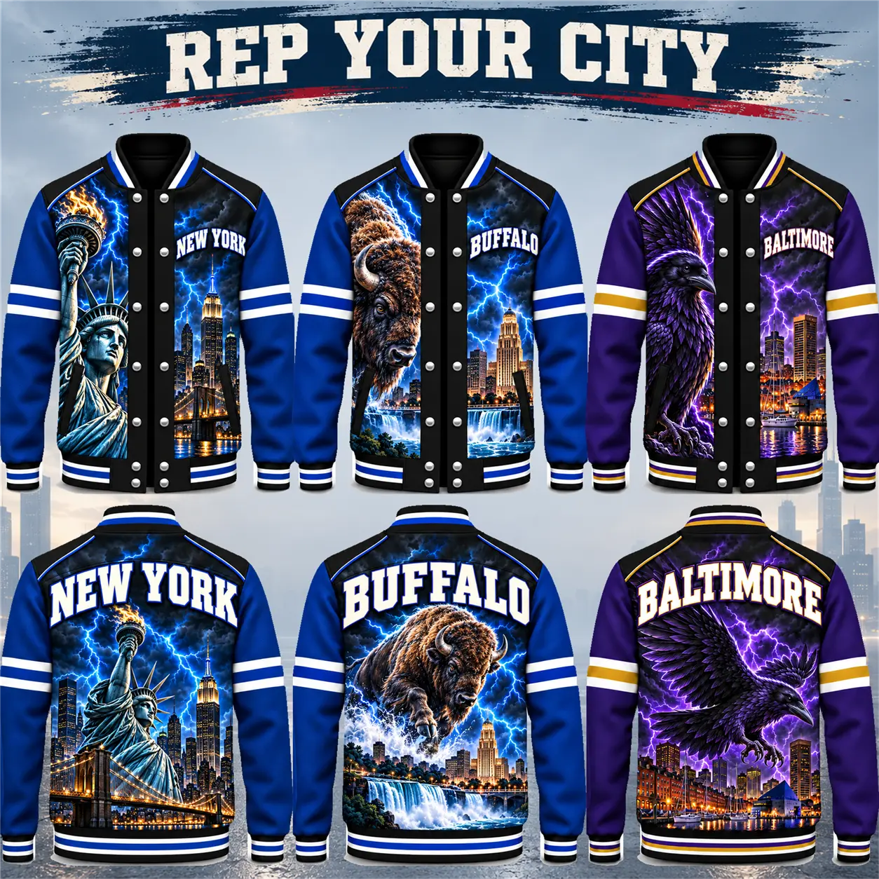 Storm Lightning Team Mascot Emblem City Landmark Baseball Varsity Jacket, Thunder Dark Sky Graphic Button Front Ribbed Trim Colorblock Coat, Double Sided Print Streetwear, Oversized Relaxed Warm Casual Unisex Outerwear for Men Women, Sport Fan Gift